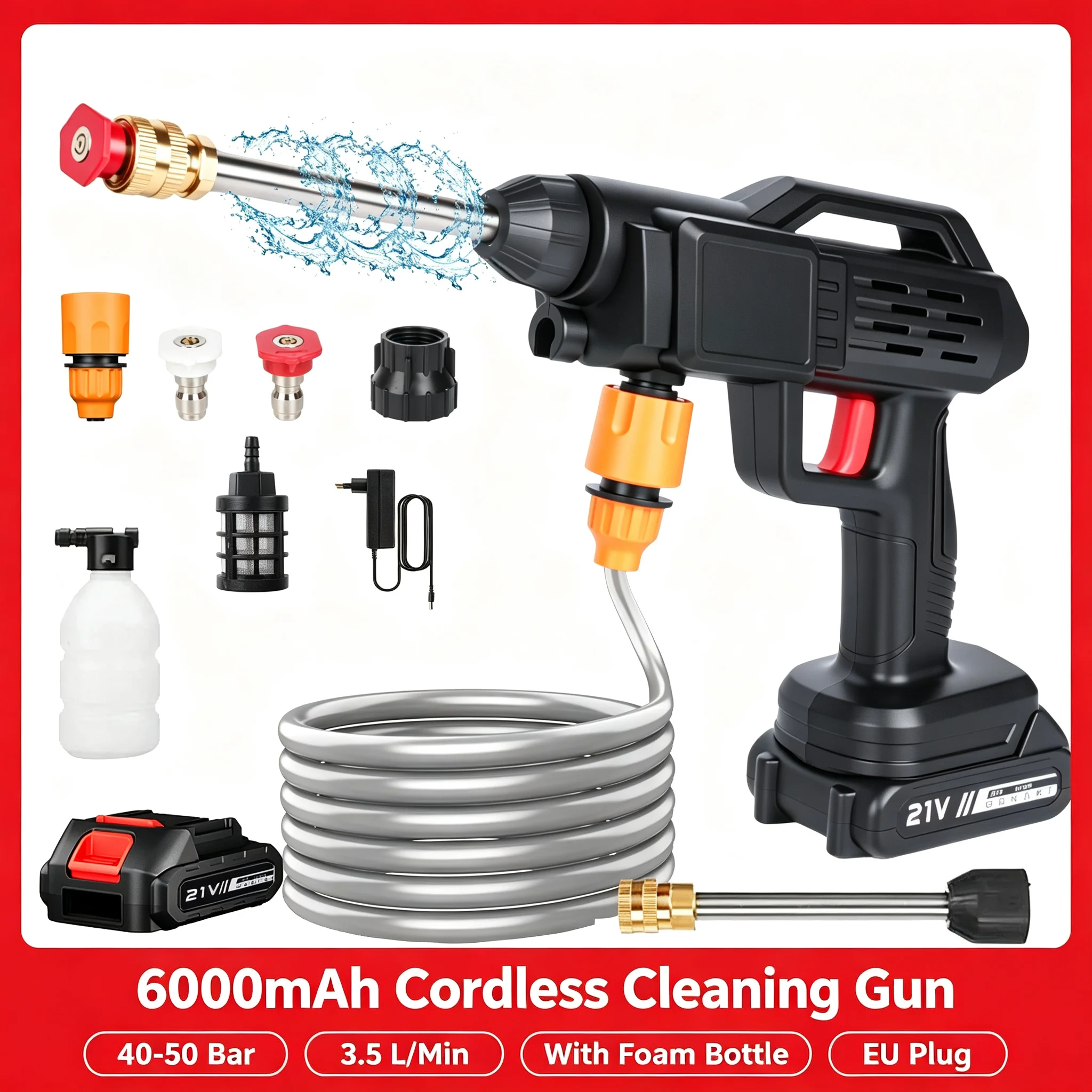 Cordless High Pressure Washer Gun 6000mAh 1500W 40-50 Bar Portable Handheld Car Wash Cleaner with Foam Bottle 5M Hose EU Plug