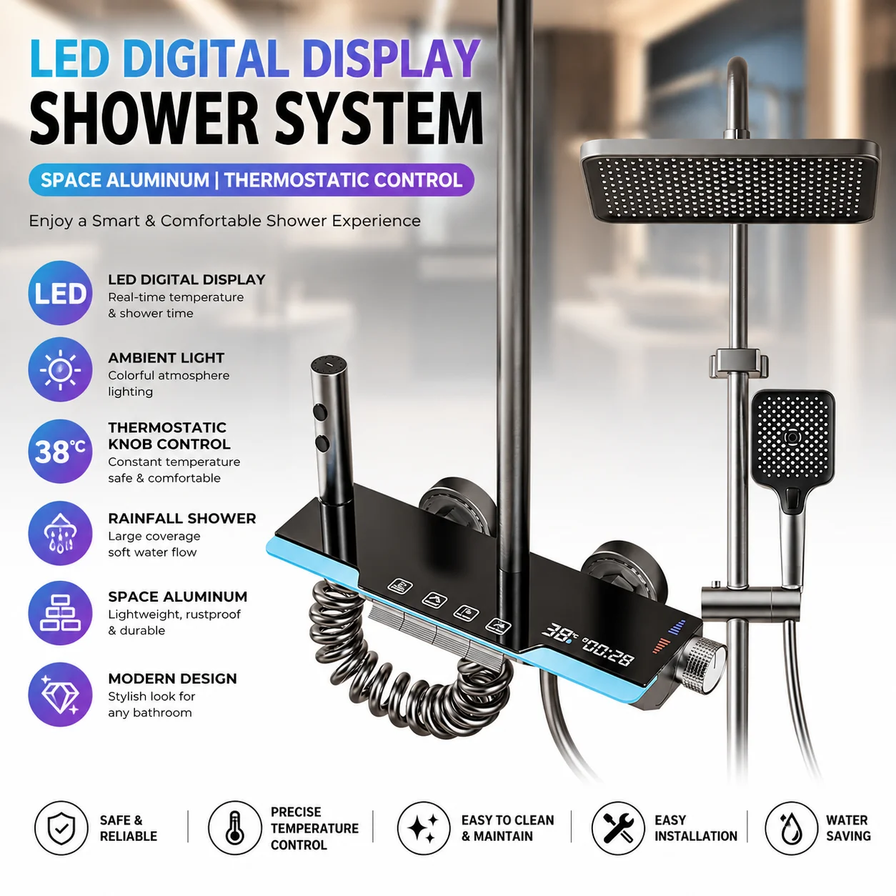 LED Digital Display Shower System Space Aluminum Rainfall Shower Set Thermostatic Knob Control Ambient Light Bathroom