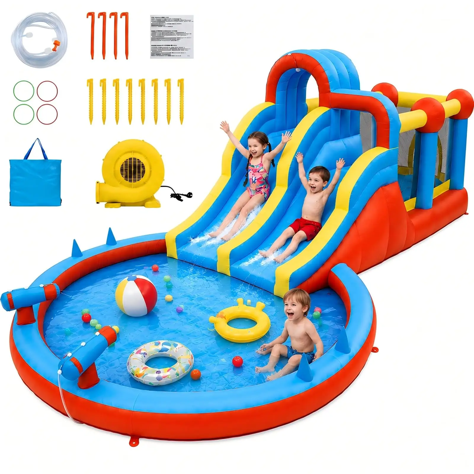Zstar 9-in-1 Inflatable Bouncy Castle, Water Park with Double Slide, Climbing Wall, Paddling Pool, Water Cannon, Ring Toss Game & 550W Blower, Children’s Water Toy for Garden & Outdoor, 315x722x221cm