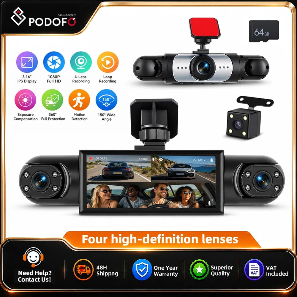 Podofo 3.16 Inch Car Dashcam Video Recorder Car Black Box 1080P Night Vision Dash Car Camera with 480P Left Interior, Right Interior, and Rear View Cameras Car accessory