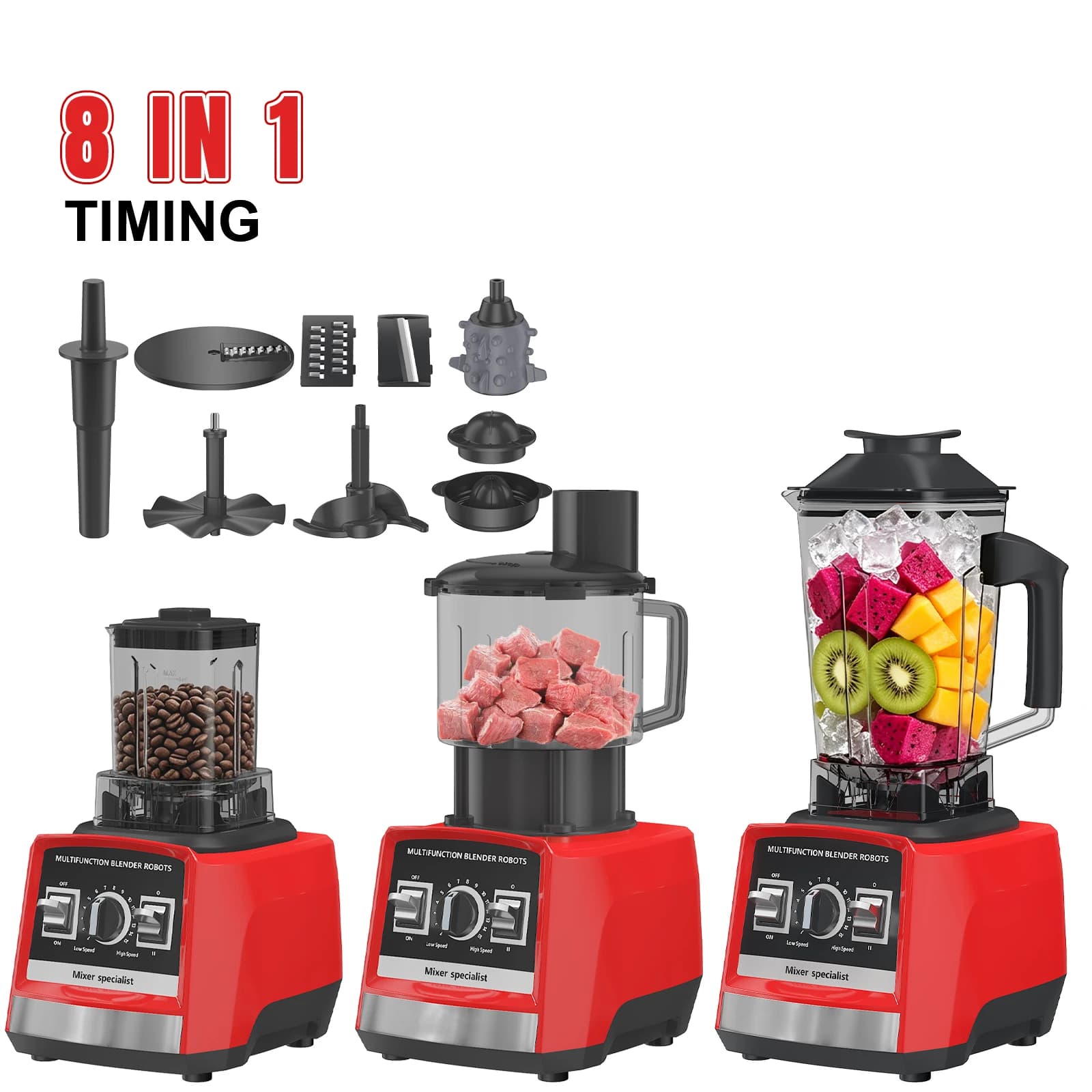 EU Standard 8-in-1 Multi-function Blender 9500W 32000RPM 3L Large Capacity Food Processor, Juicer, Meat Grinder, Dough Maker, Citrus Press with Full Attachments