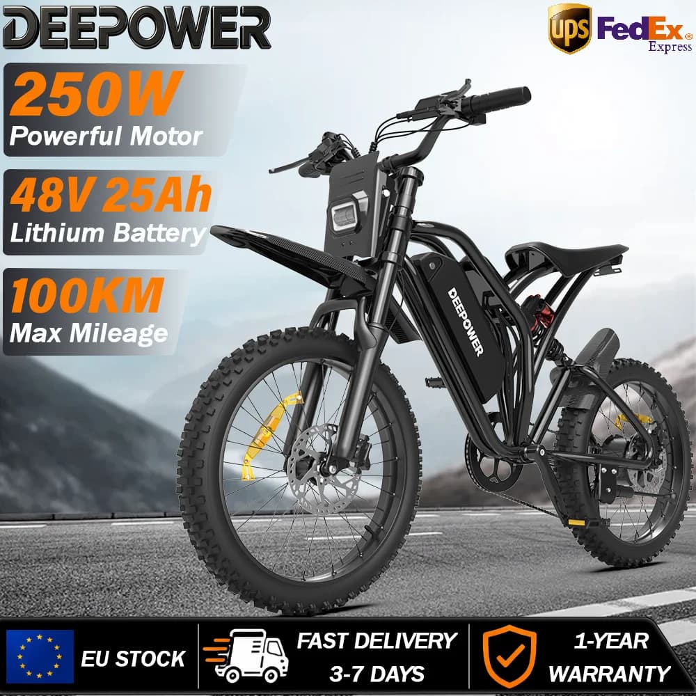 DEEPOWER S21 250W Electric Bike For Adults Removable 48V 25AH Battery Multifunctional Electric Bicycle LCD Board Hydraulic Brakes 7 Speeds 17-Inch Off-Road Tires High-Performance Off-Road Ebike