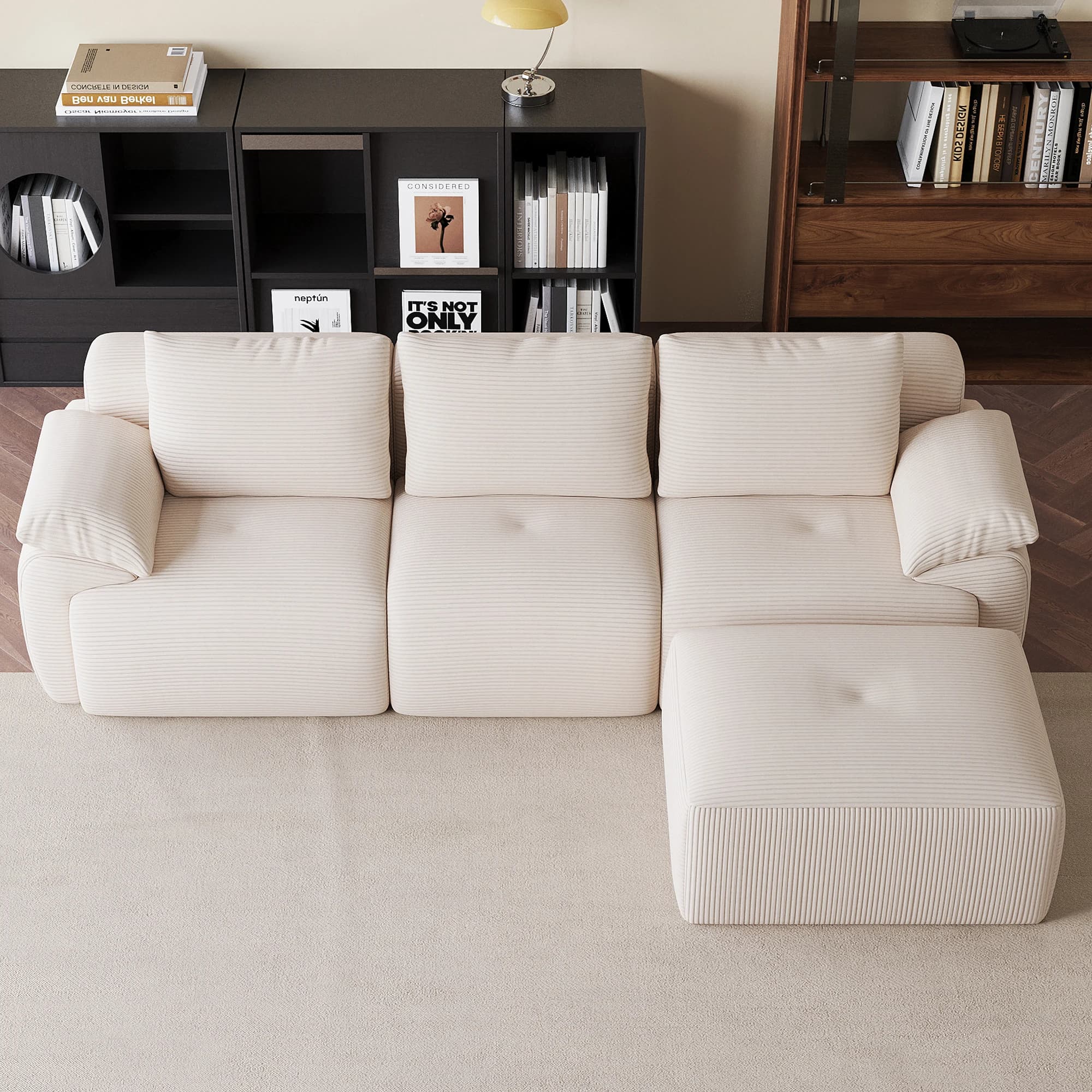 Anajqaiqa, Modular Sofa With Sleeping Function, Modular Sofa Set, Corner Sofa With Recliner, Lounge Chair, L-Shaped Corner Sofa For Small Living Rooms With 3 Backrests And 4 Seat Cushions, Corduroy Upholstery, Dark Gray/Beige