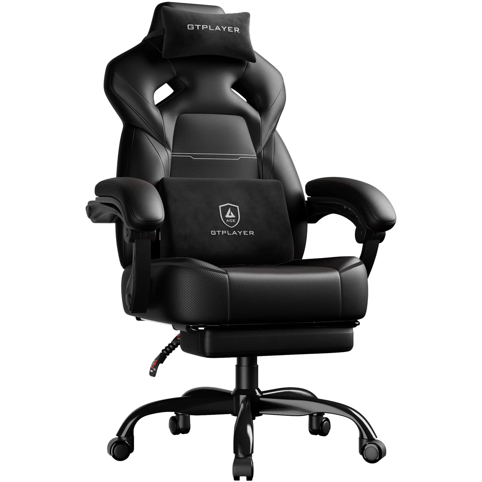 GTPLAYER Gaming Chair with Footrest, Gamer Armchair Height-Adjustable, 200 kg Load Capacity, Adjustable Armrests, Lumbar and Head Pillows, Swivel Gaming Chair