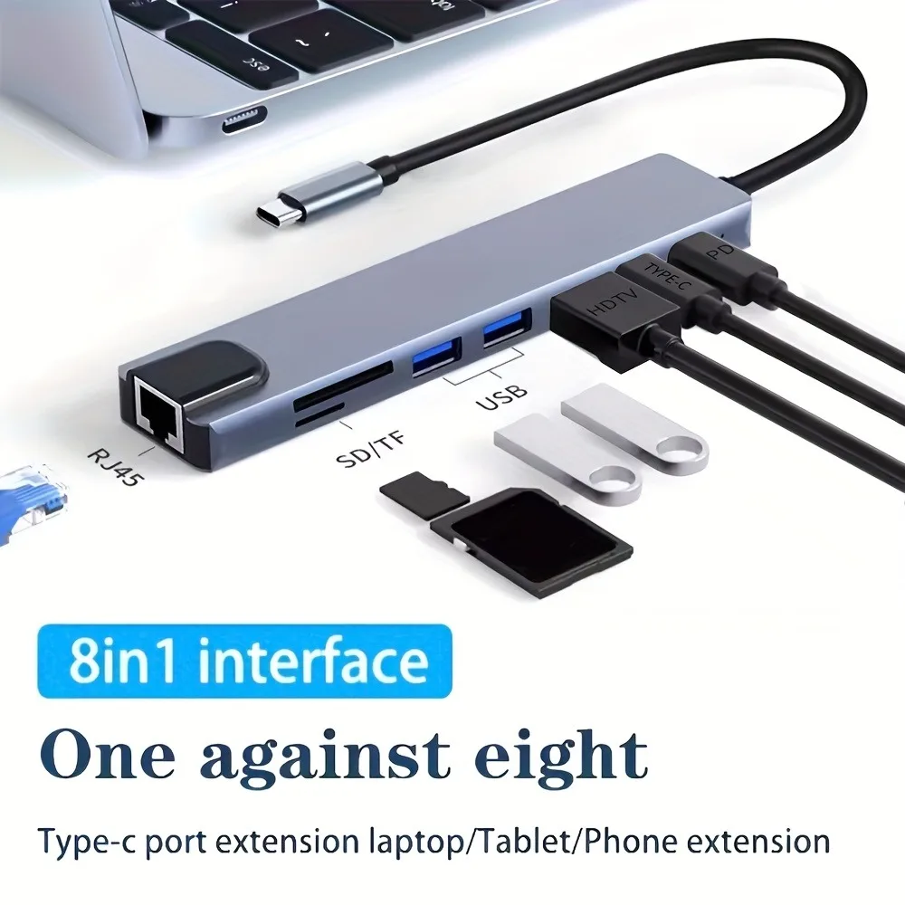 Usb 8 in 1 Type C 3 1 To 4k HdTV Hub Adapter with Sd Tf Rj45 Card Reader Pd Fast Charge for Macbook Notebook Computer