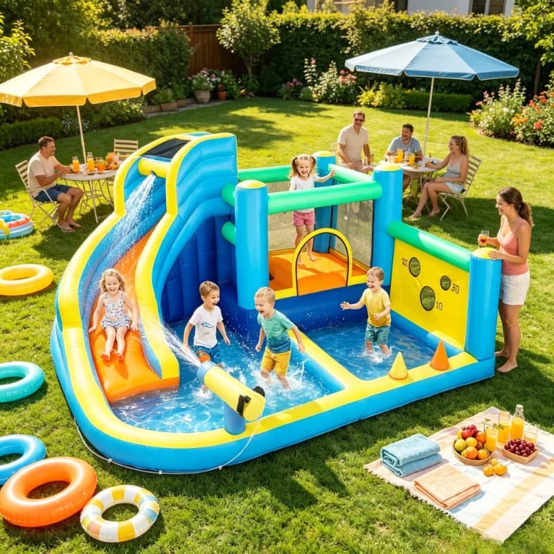 3-in-1 Bouncy Castle Slide Ball Pit Oxford Multi-Color Inflatable w/ Blower Pump Repair Kit for Backyard Kids