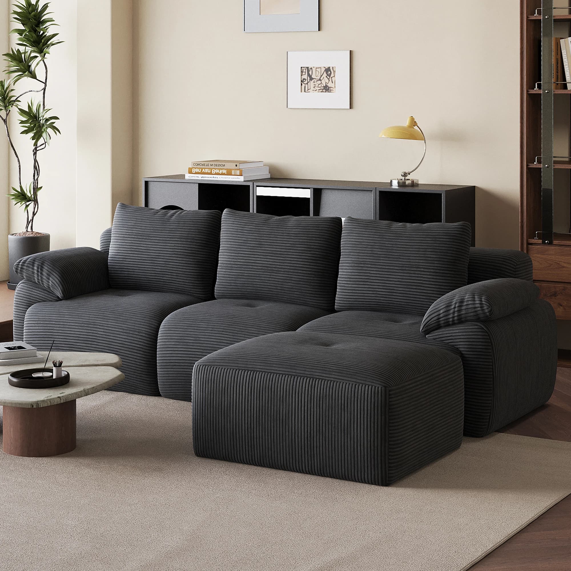 Anajqaiqa, Modular Sofa With Sleeping Function, Modular Sofa Set, Corner Sofa With Recliner, Lounge Chair, L-Shaped Corner Sofa For Small Living Rooms With 3 Backrests And 4 Seat Cushions, Corduroy Upholstery, Dark Gray/Beige