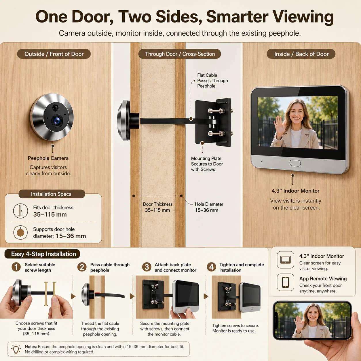5MP WiFi Smart Peephole Door Viewer 4.3 Inch Digital Doorbell Camera with 5000mAh Rechargeable Battery PIR Motion Detection TF Card Storage One Way Audio Remote Phone View Tuya Smart Life Alexa Google Assistant Home Security Monitor for Apartment Security