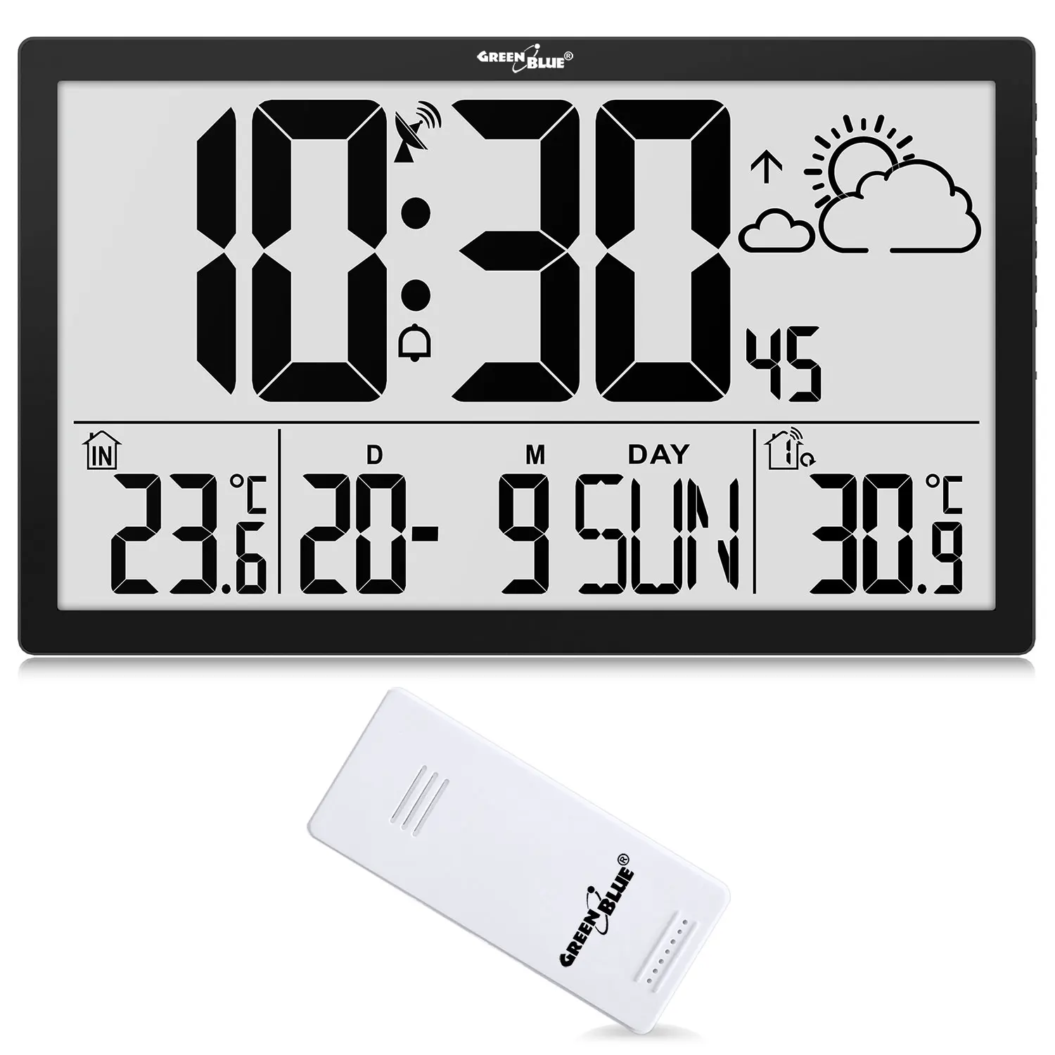 Large Wall Clock LCD Weather Station GreenBlue Thermometer Temperature Date 370x225mm GB218
