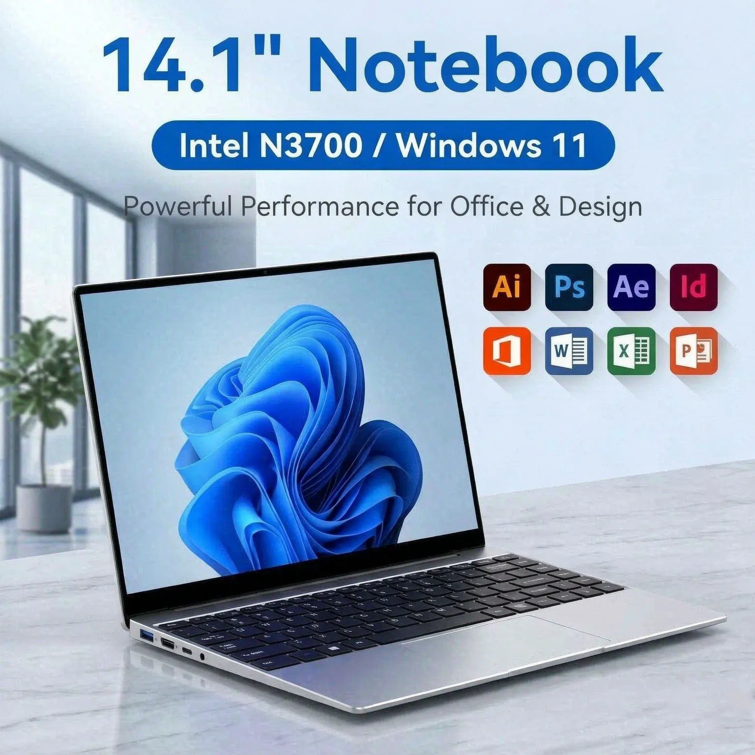 Global New Ultra Slim Laptop 14.1" 16GB RAM  Intel N3700 Notebook Gamer 1920*1080 Display Office Study Computer PC Windows 11 Pro