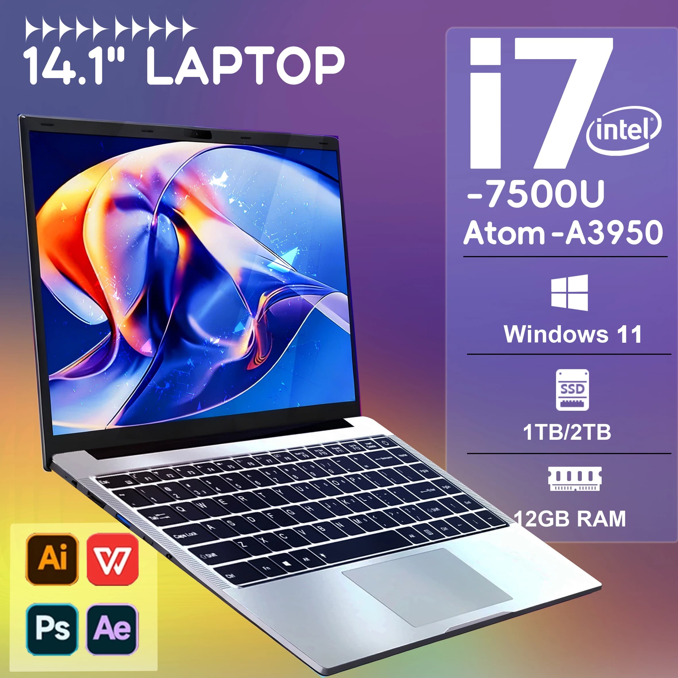2026 New Intel Core i7-7500U/A3950 Laptop Computer Windows 11 Pro 12GB RAM 512GB 1TB 2TB SSD Laptop Notebook PC Business Study Office Laptop