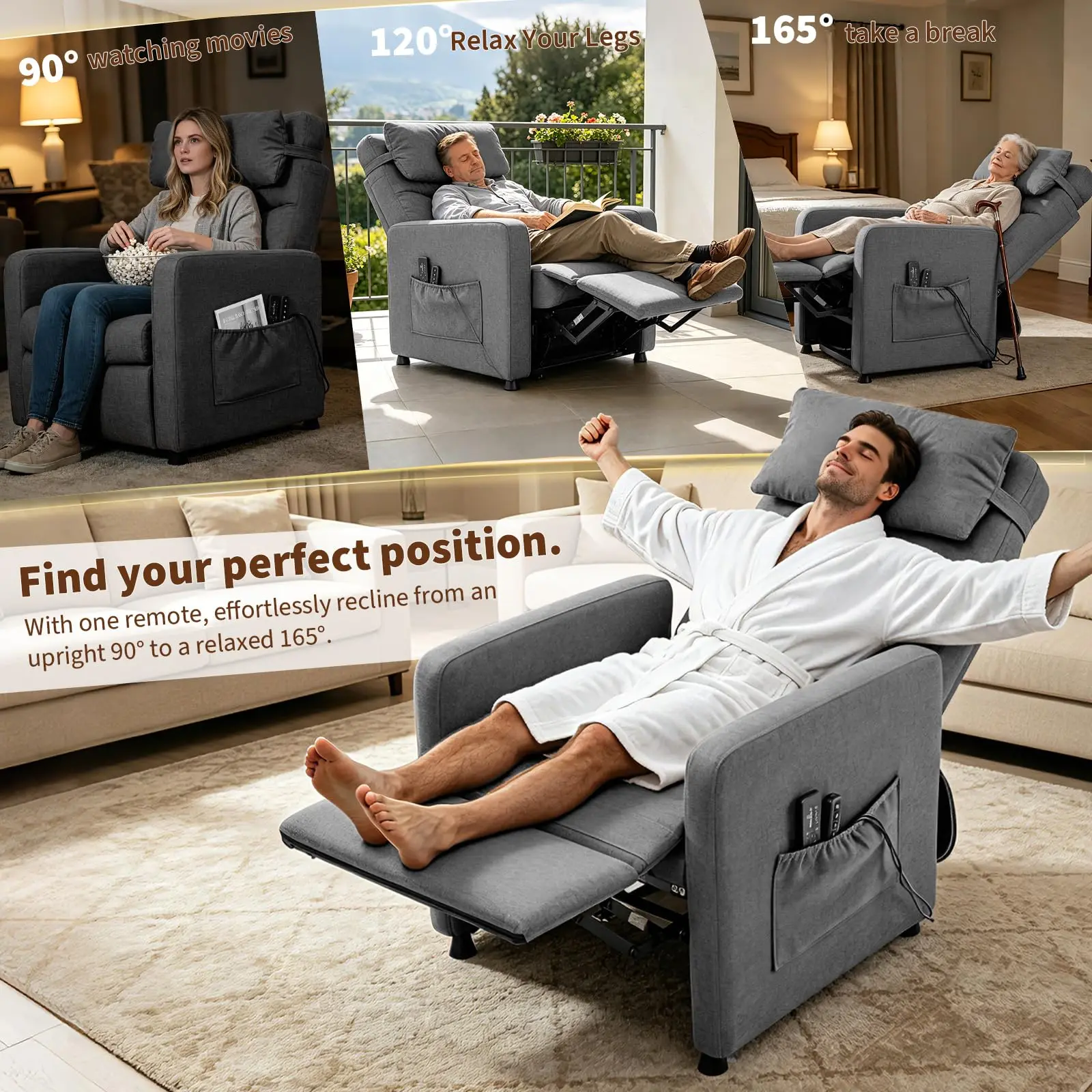 Electric recliner, massage chair 90°–165°, electric recliners with heater, 4 massage points, 2 positions, footrests, side pockets, weight capacity 180 kg, gray