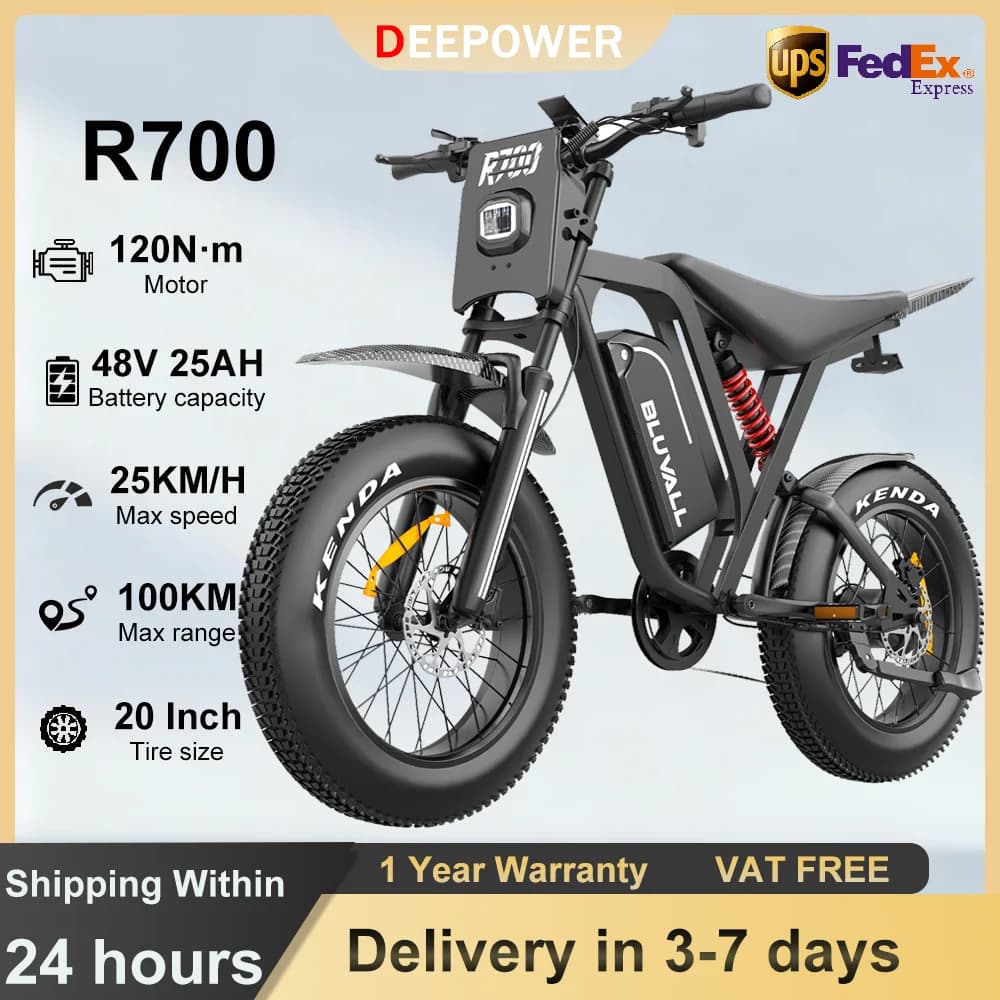 DEEPOWER 120N·m Electric Bicycle R700 48V 25Ah Removable Battery 70KM Max Range 20*4.0 Wide Tires Hydraulic Brakes Hydraulic Shock Absorbers LCD Smart Instrument Panel All-Terrain Electric Bike.