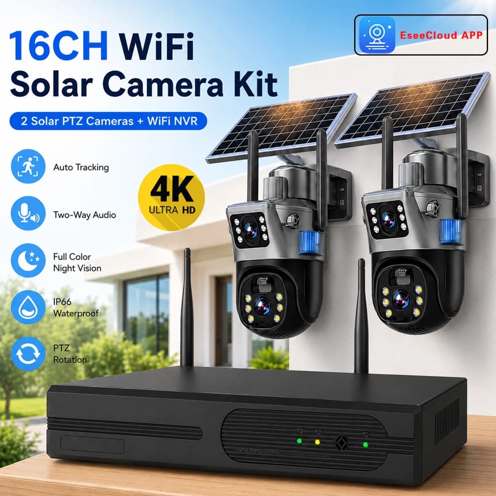 Solar Wireless Security Camera System 4K 8MP Dual Lens PTZ Solar Battery Cam with Auto Tracking 16CH 5MP WiFi NVR Kit Outdoor No Hardwired Surveillance for Home Farm Yard EseeCloud APP