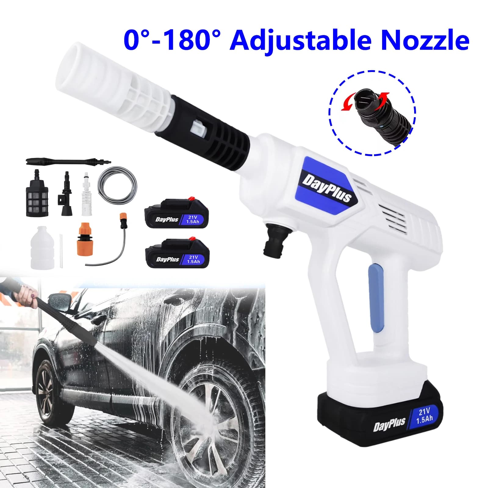 21V Cordless High-Pressure Washer Gun with Battery 20000RPM 18D Plunger Pump Multifunctional Nozzle for Auto Home Garden Cleaner Machine