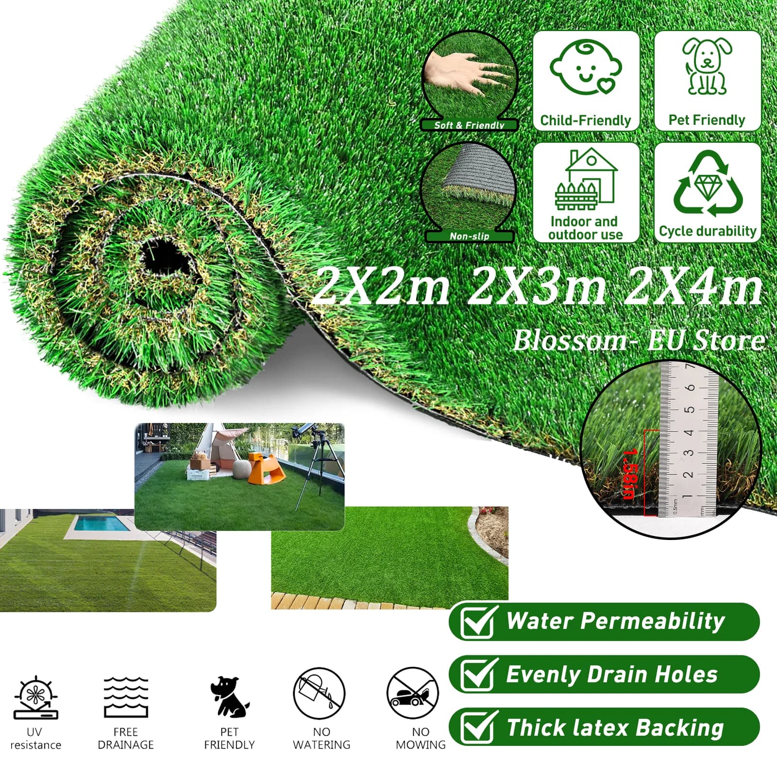 35mm 4-Tone Artificial Grass Turf 2X2m 2X3m 2X4m High Density Realistic Synthetic Lawn UV Resistant Free Drainage Pet Kids Friendly Fake Grass Carpet, No Watering No Mowing, Cuttable for Garden Balcony Patio Indoor Outdoor Landscape