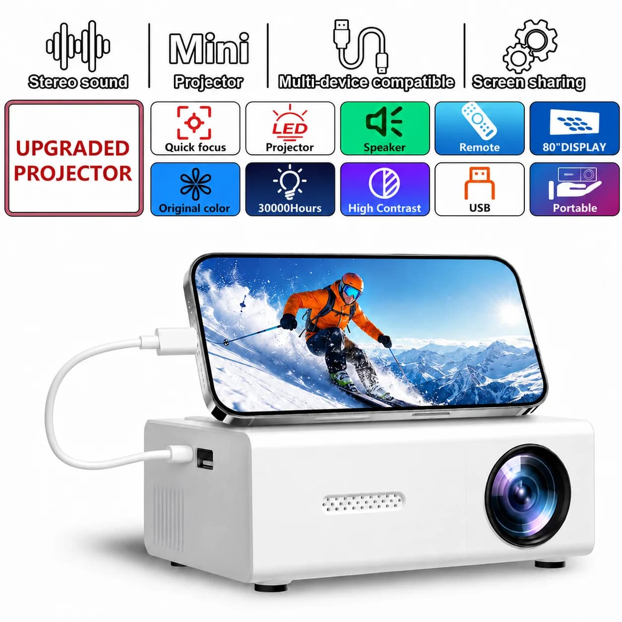 ZNLYRION Mini Portable Smart Projector 4K Decoding Supported 200 ANSI WiFi 6 Android 11.0 180° Rotatable Home Theater Projector for Outdoor  Bedroom
