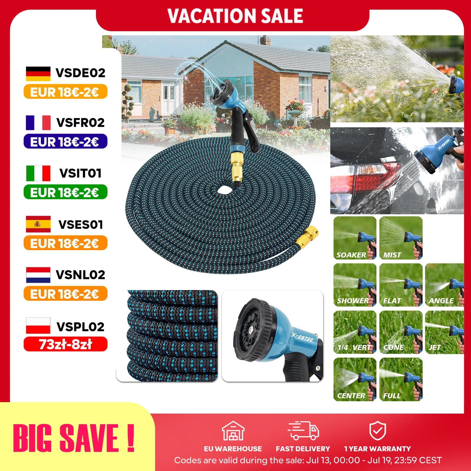 X-COTEC Expandable Garden Hose 15m/30m, Brass Fittings 1/2" 3/4", 10-Function Gun, Flexible Hose for Garden and Car