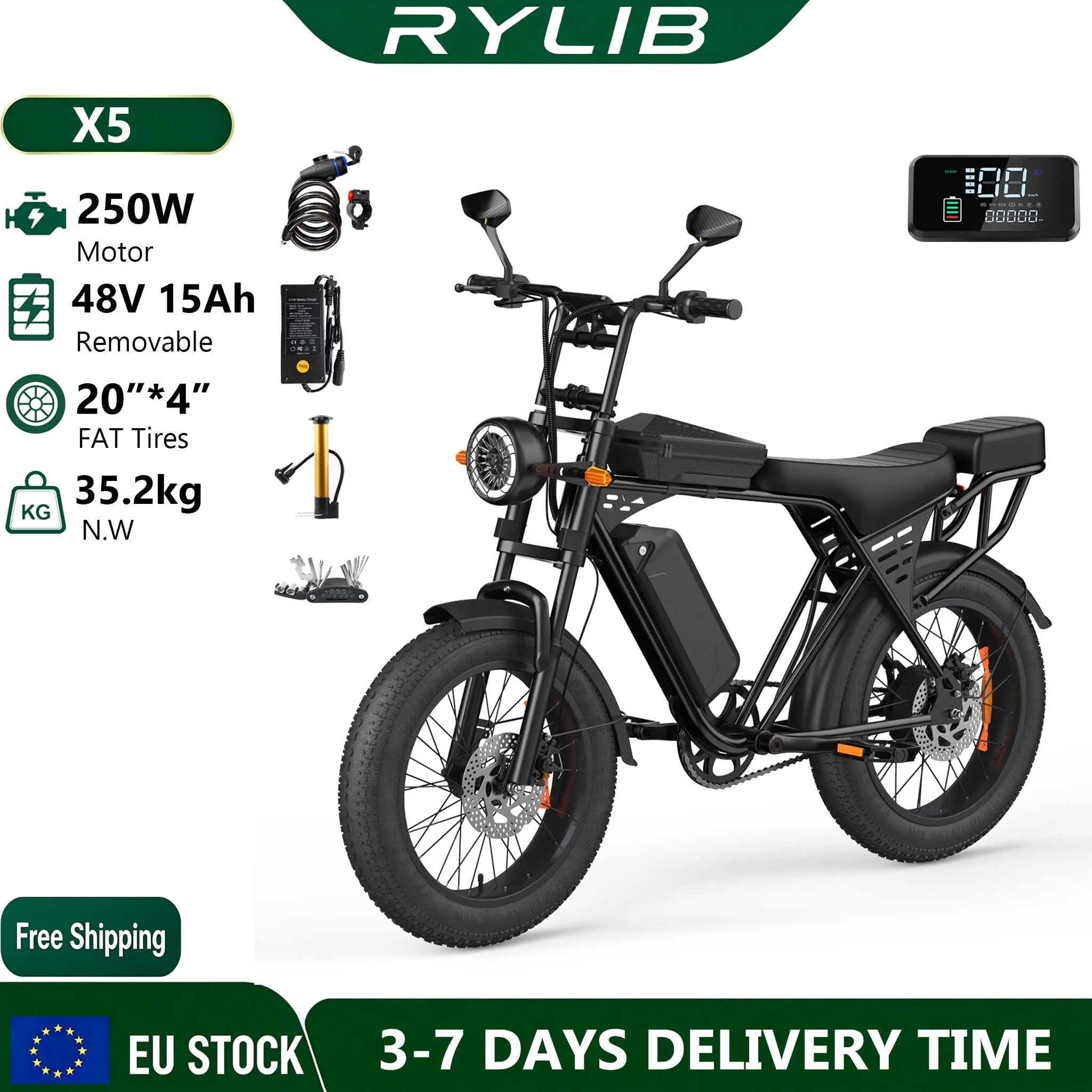 Adult Electric bike X5, 48V 15Ah removable battery, motor 250W, 20 "x" Fat Tires, range 60-80km, 25 km/h, LCD display with NFC unlocking, E-bike for all-Terrain and urban journeys