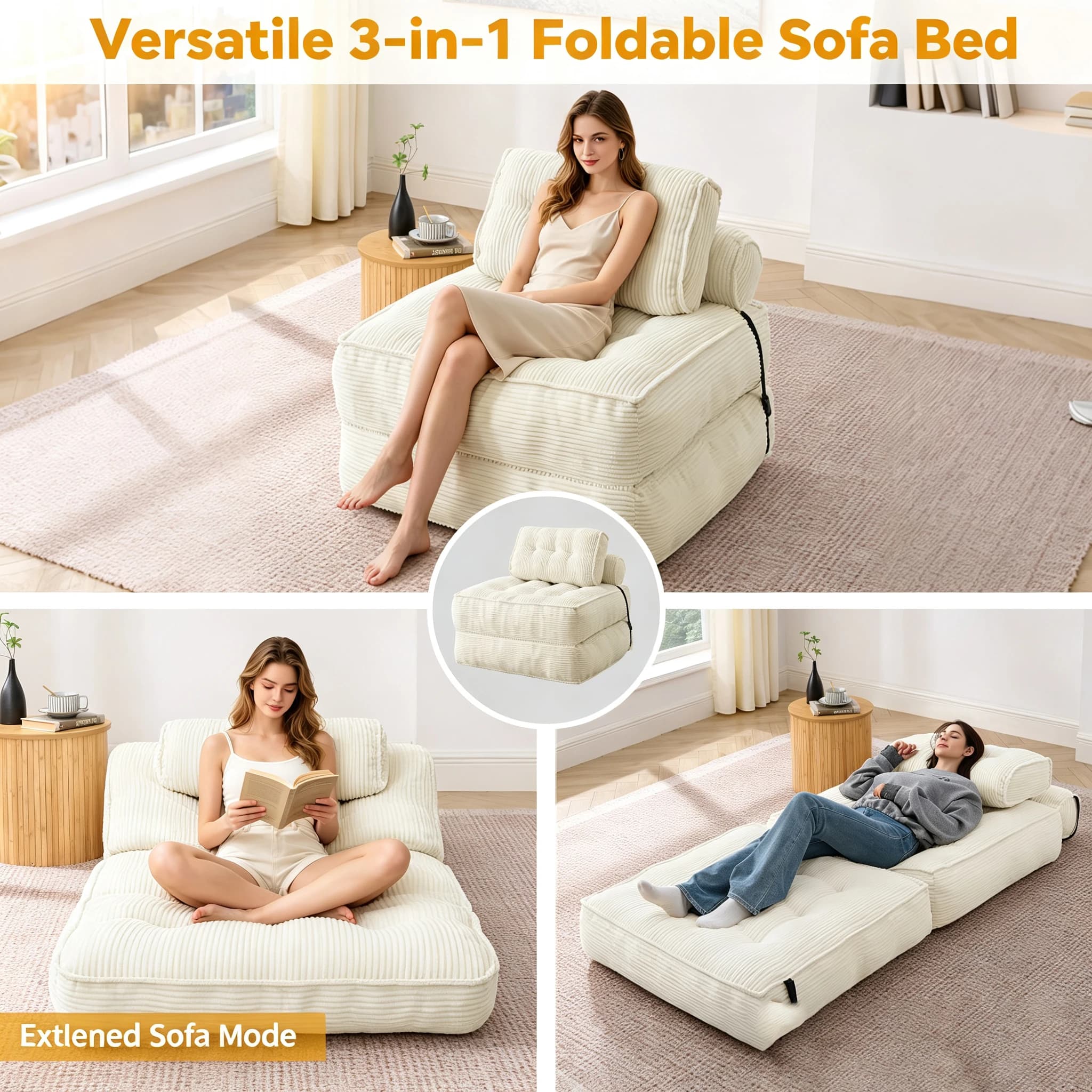 3 in 1 Foldable Corduroy Sofa Bed Convertible Floor Sleeper Couch Shredned Memory Foam Ergonomic Lounge Chair No Assembly Space Saving Single Guest Bed for Apartment Dorm