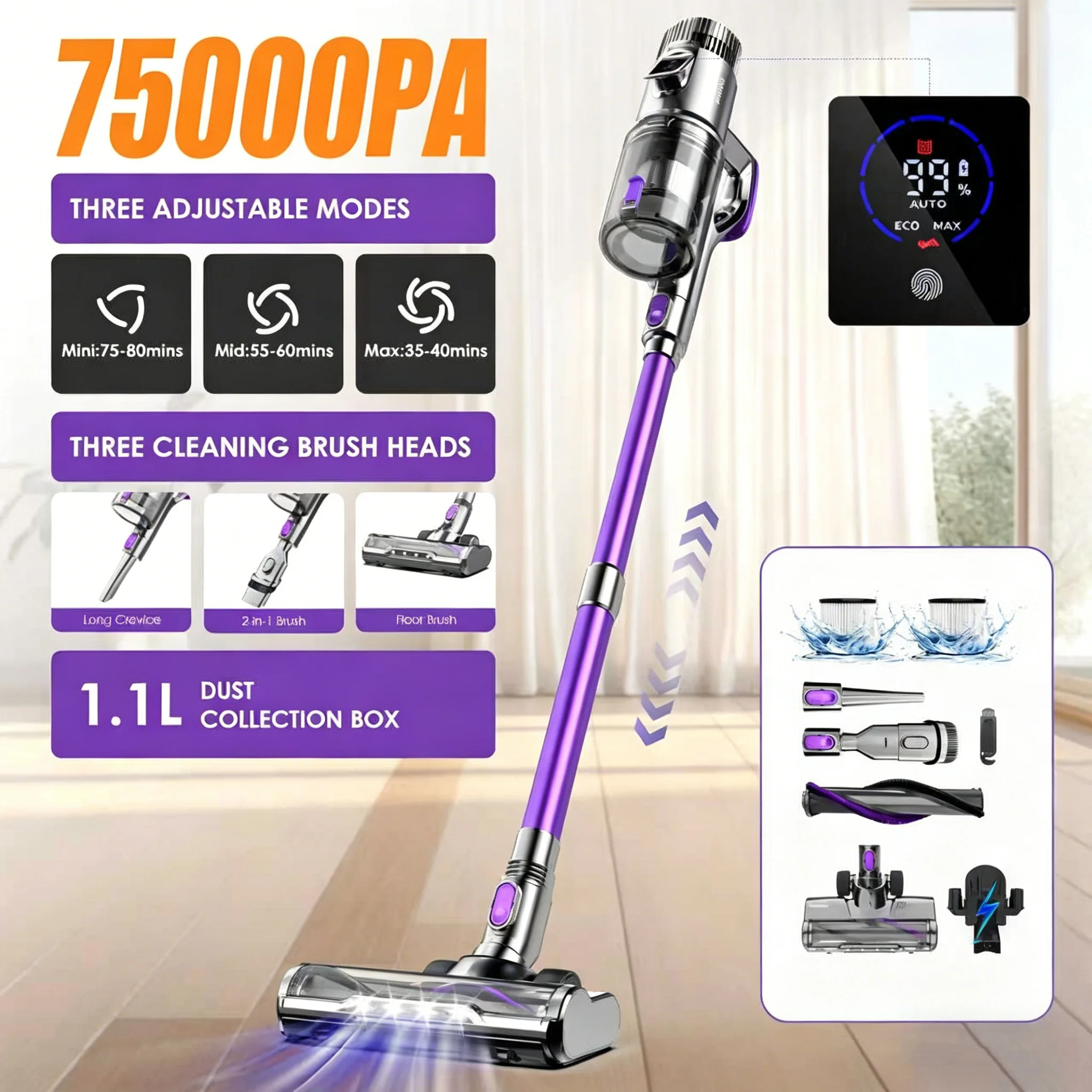 Cordless Vacuum Cleaner - Upright Vacuum Cordless with Anti-Tangle Brush - Stage HEPA Filter for Pet Hair Carpets Hard Floors