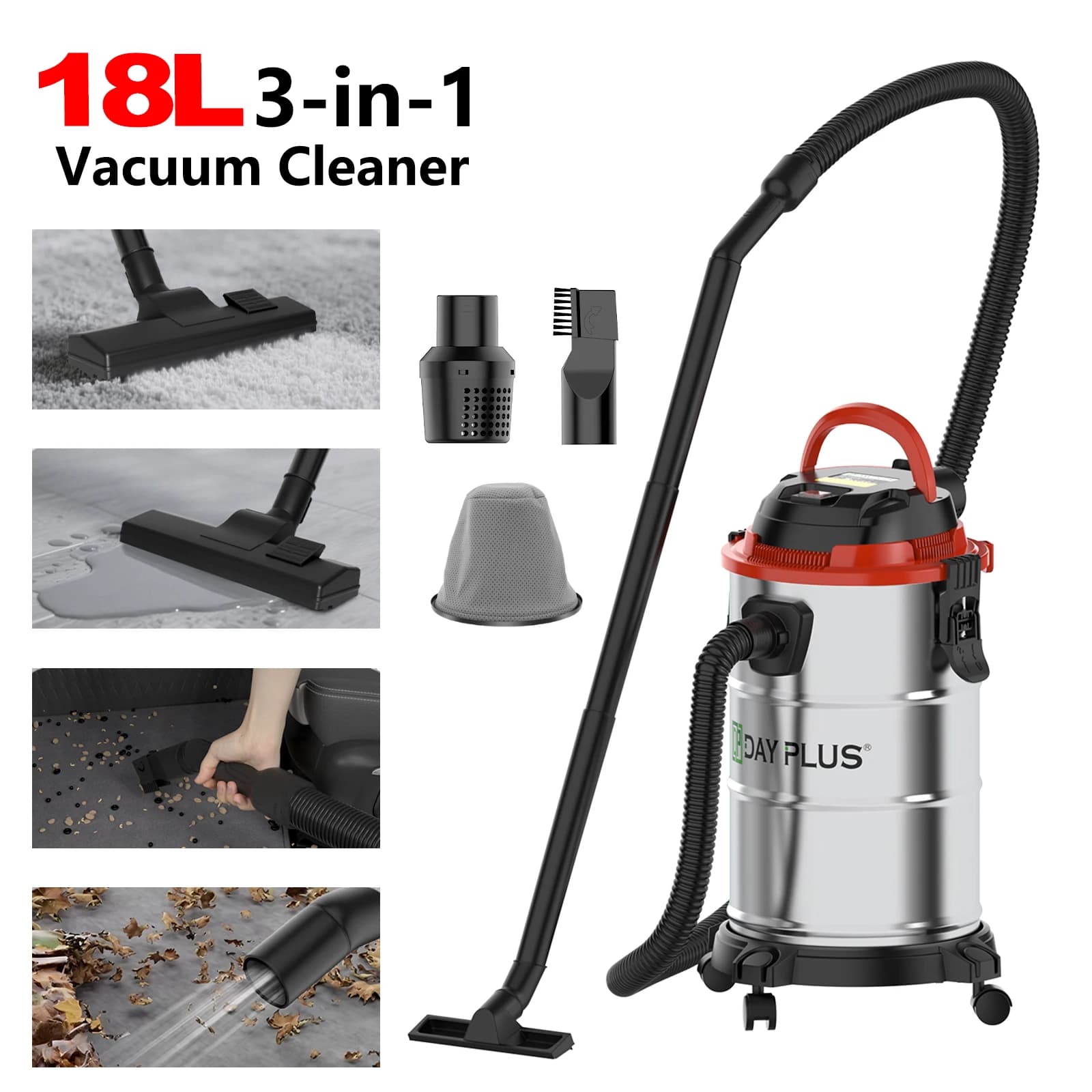 18L Wet Dry Vacuum Cleaner 19KPA Strong Suction Stainless Steel Bucket Shop Vac Portable Multifunctional Dust Extractor Blower Function for Home Garage Car Warehouse Cleaning