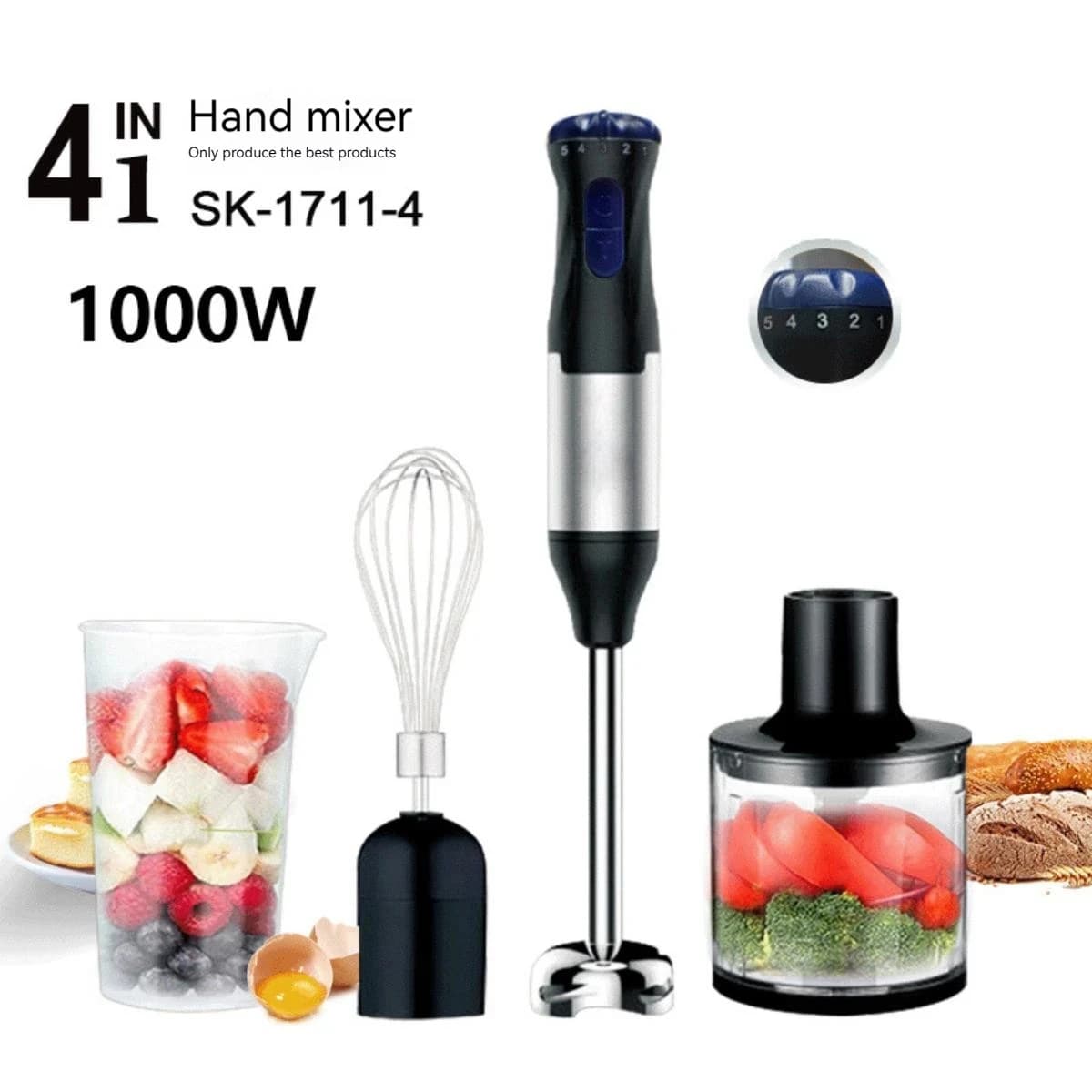 4-in-1 Hand Immersion Blender 1000W Powerful, Stainless Steel Stick Food Mixer,700ml Mixing Beaker,500ml Processor, Whisk