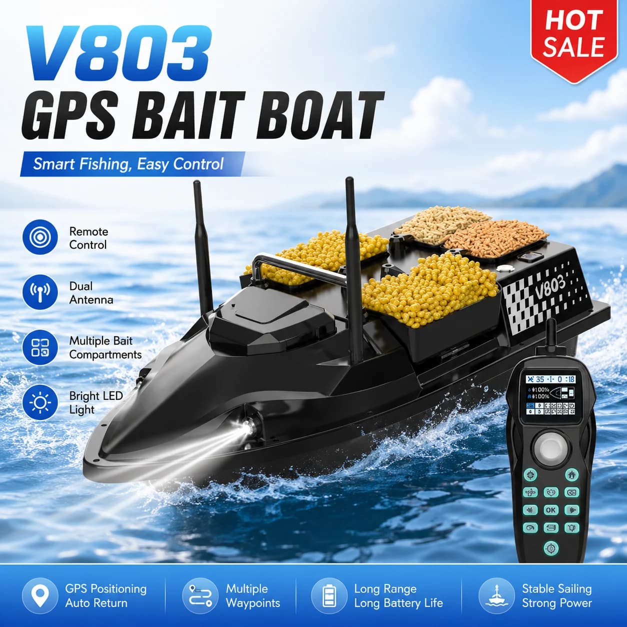Flytec V803 Pro RC Bait Boat Fishing 4 Bait Chambers 500m Lost/Low Power Auto Return 160 Points 3KG Max Load 12000mAh Fishing no VAT