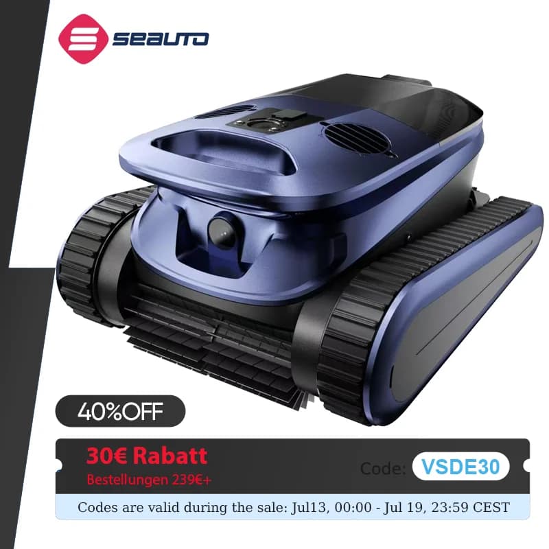 (New 2026) Seauto SAT 40 robot pool cleaner, waterline cleaning, AI sonar navigation, 240 min runtime, up to 300 m² area
