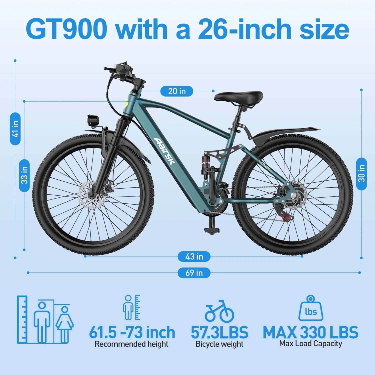 Aairsk GT900 full-suspension electric bike, 21 speeds, 36V 13AH battery, with NFC smart lock, range of 40 to 60 km, mountain bike for adults, 250W engine, maximum speed 25 km/h.