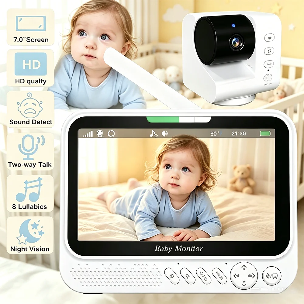 7 Inch wide display Video Baby Monitor PTZ Rotatable Zoom Camera Two Way Audio Room Temperature Sensor build In Lullaby Infrared Vision Indoor Toddler Monitor Camera