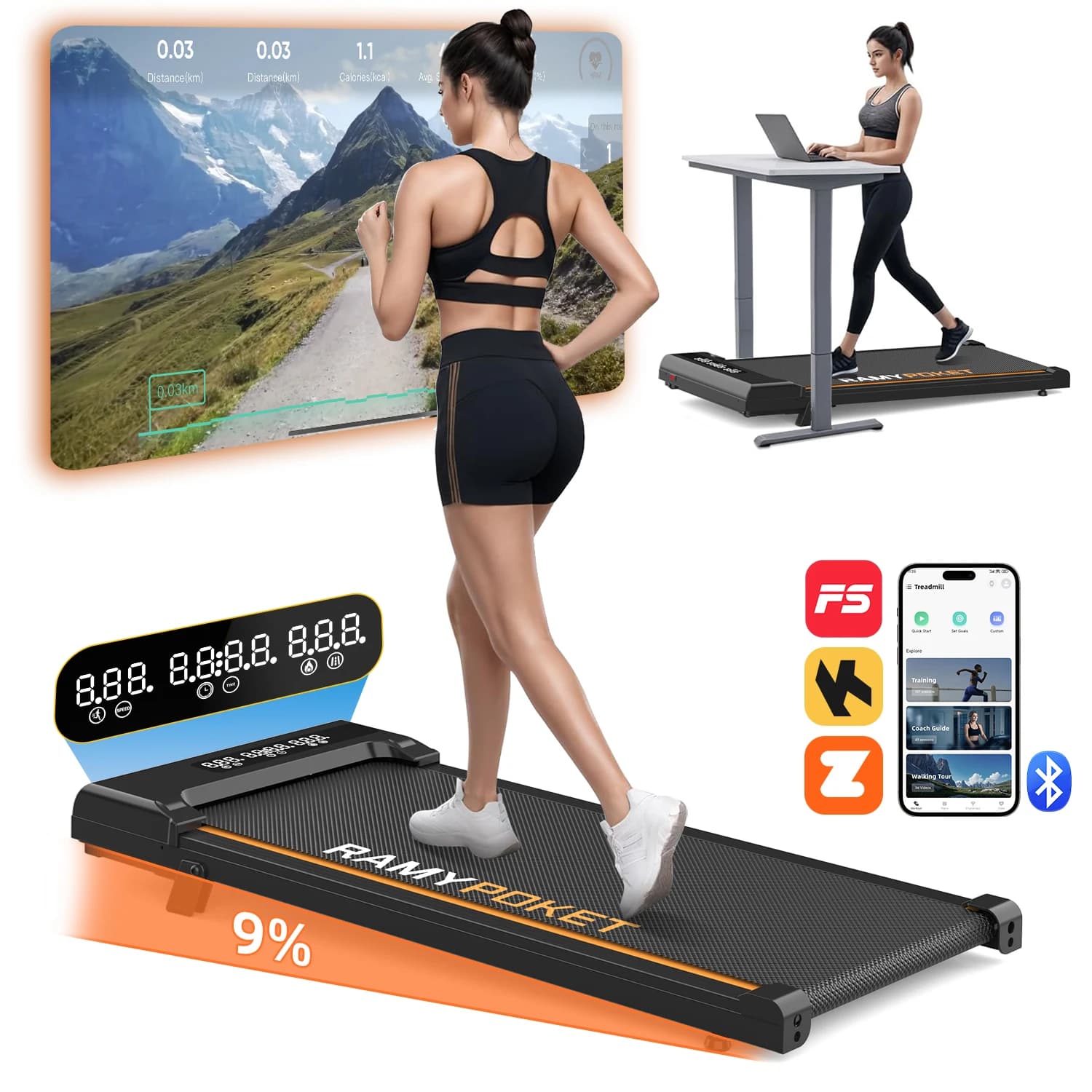 RAMYPOKET Walking Pad Treadmill 9% Incline Low Noise APP Connected Triple Screen Display Max 120KG Load 1–8KM/H Treadmill for Home Office