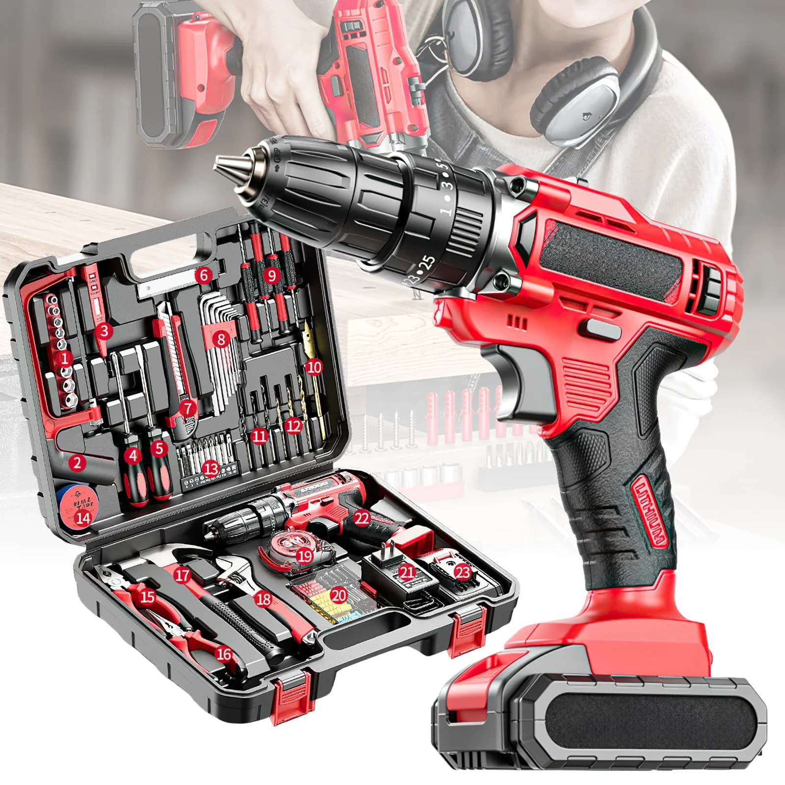 117 piece set Powerful Electric Drill Multifunctional Rechargeable Cordless Electric Screwdriver Dual Speed Impact Drill Power Tool Set