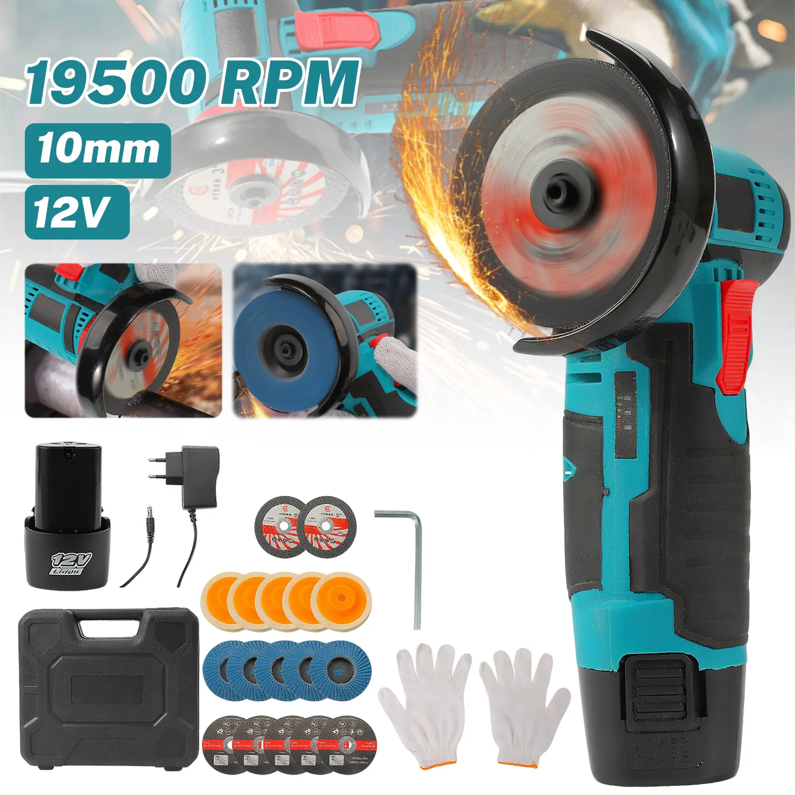 19500rpm 12V Mini Angle Grinder Grinding Cordless Machine Lithium Battery Rechargeable Grinder Cushing Power