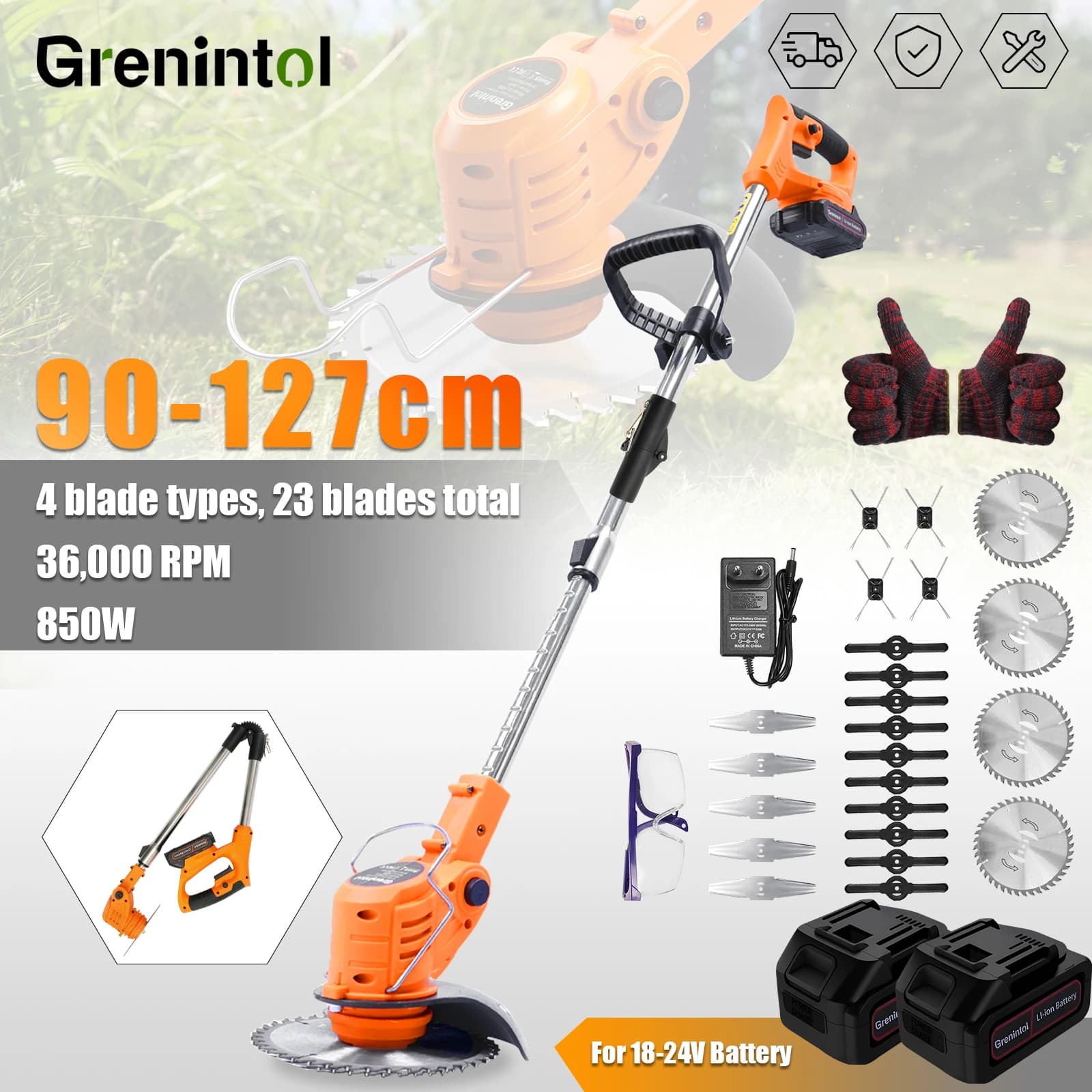 Grenintol 21V Cordless Grass Trimmer, Foldable Brushless Lawn Mower, 4.0Ah Battery, 4-Blade, 2-in-1 Cutter