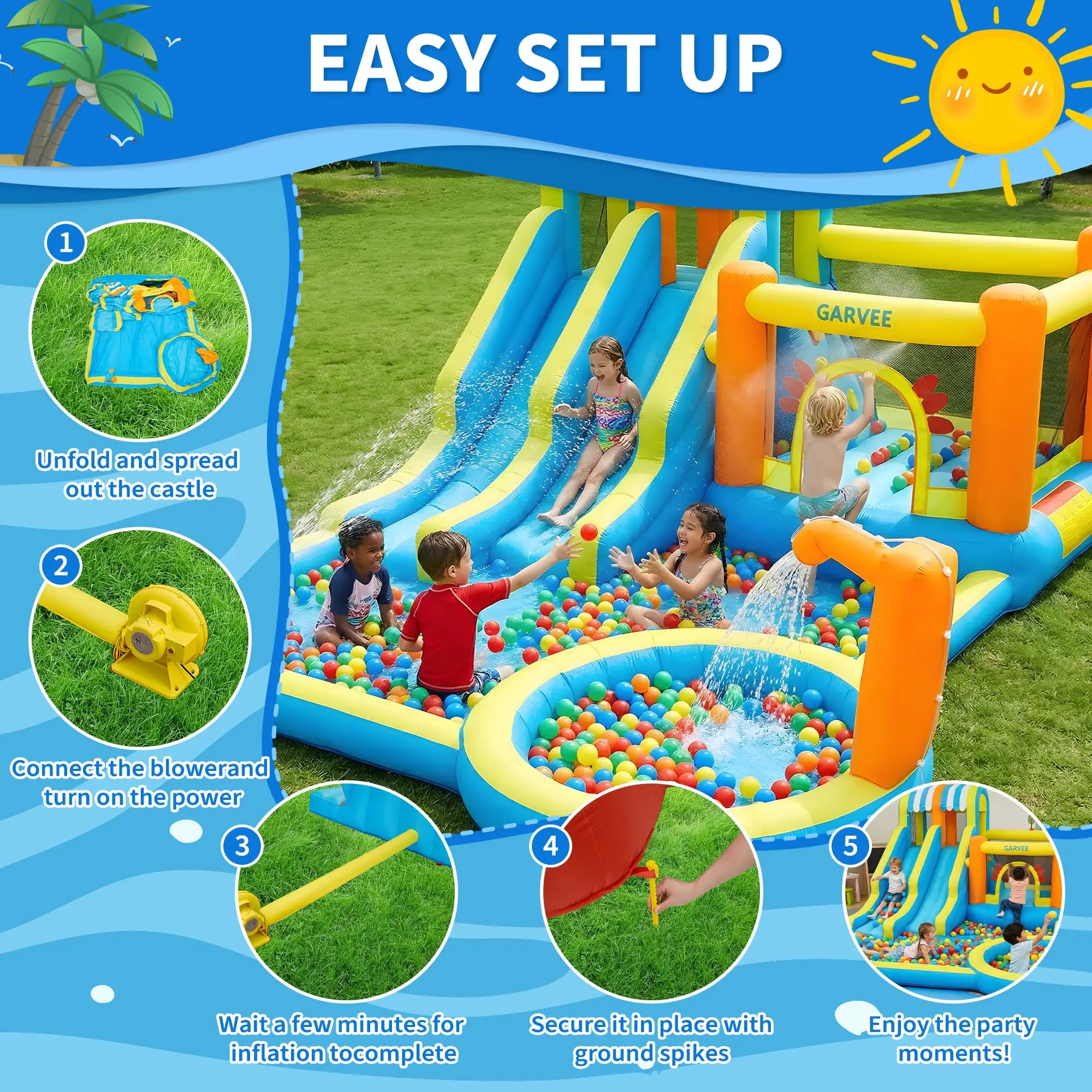 Bouncy castle with blower, bouncy castle with water slide, water bouncy castle with paddling pool, double water slide, climbing wall, water cannon, tunnel, sprinkler, water park for children aged 3–12