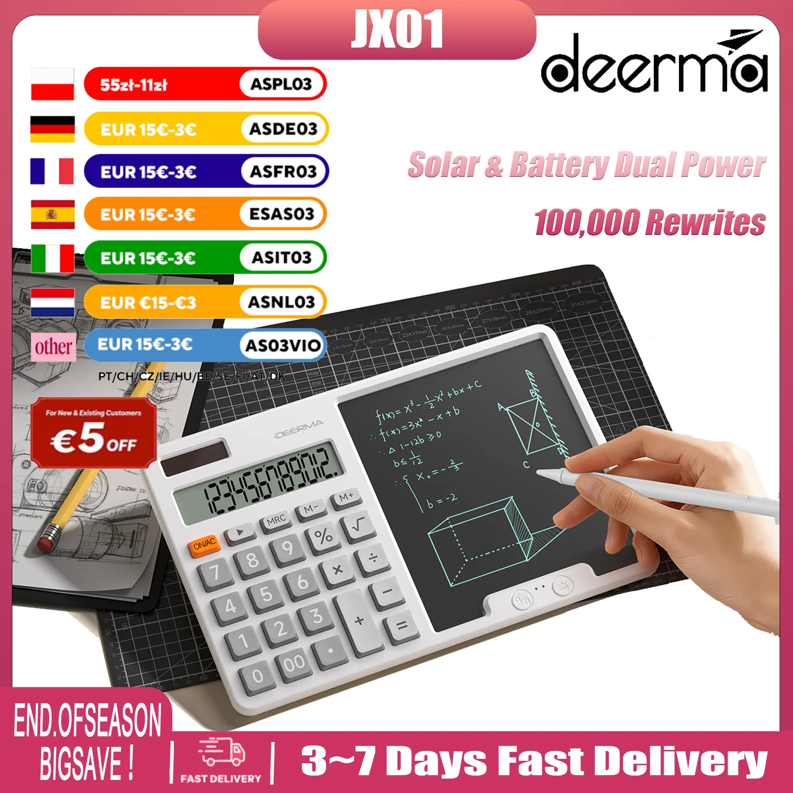 Deerma JX01 2-in-1 Notepad Calculator with LCD Writing Tablet, 12-Digit Display, Solar & Battery Dual Power, 100,000 Rewrites, Lock Screen, for Office, Finance, School, Meeting Notes, Blue Light Filter, Eye Protection