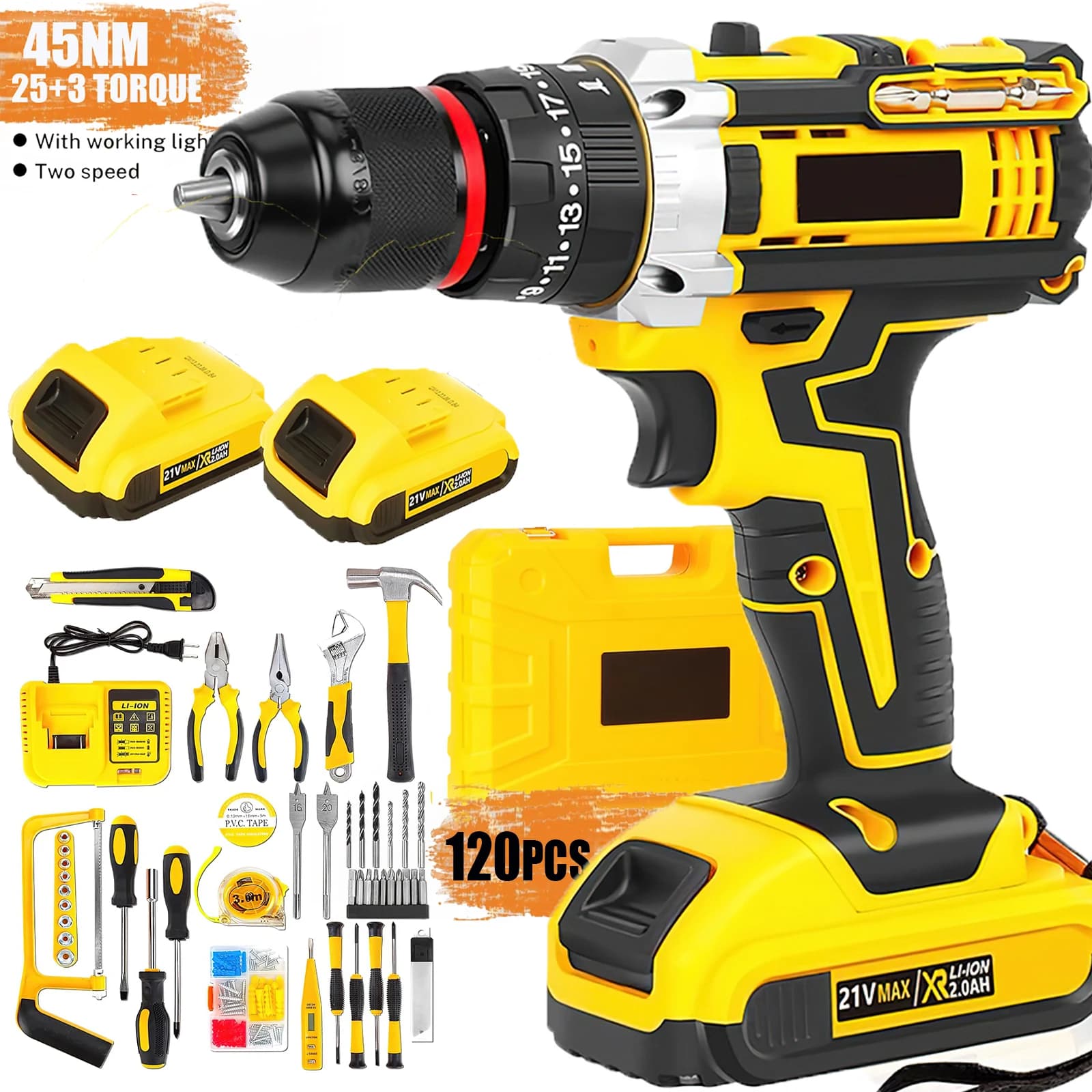 45Nm Cordless Impact Drill 120Pcs Combo Kit Electric Screwdriver Home Repair DIY Drilling Machine Rechargeable Battery PowerTool