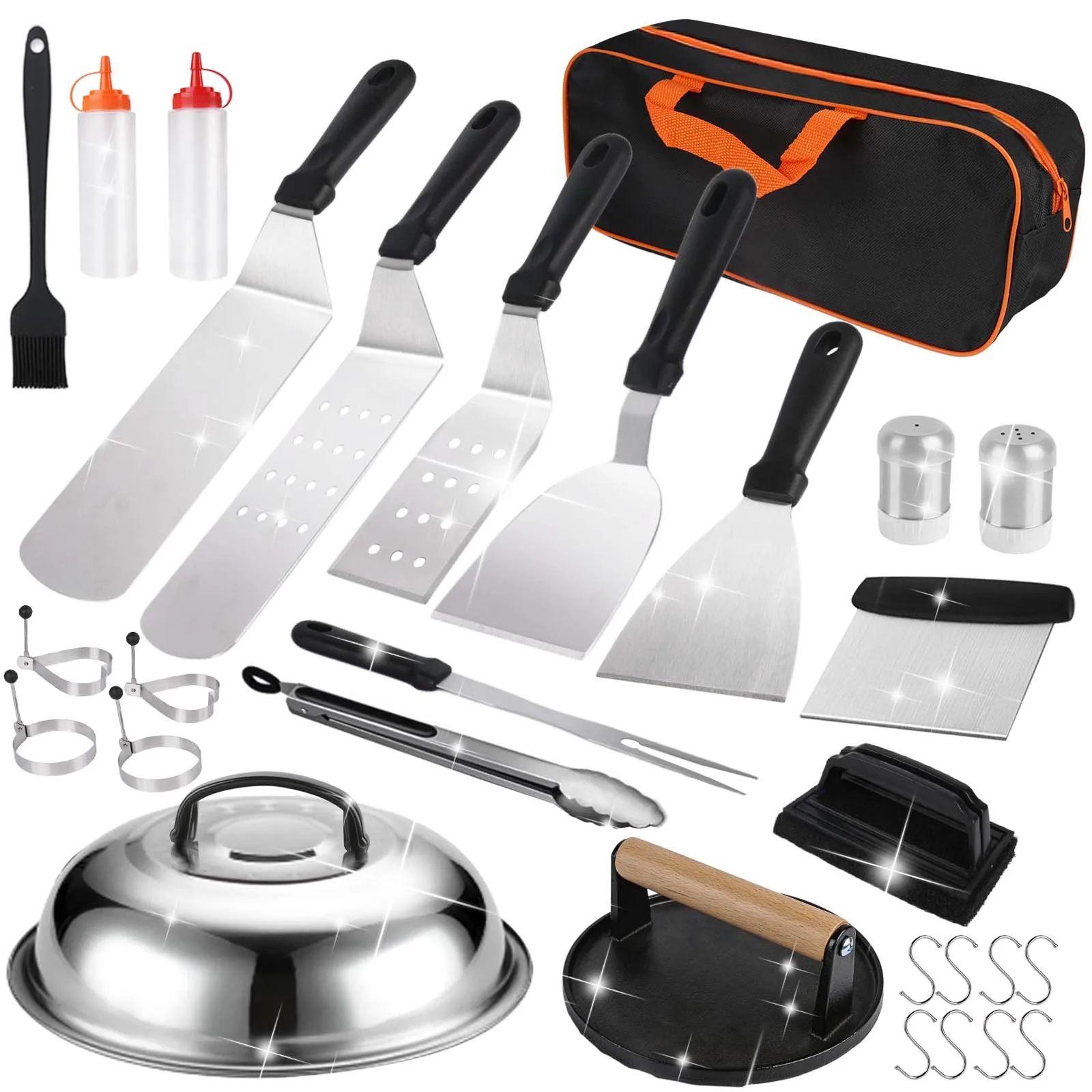 Barbecue Cutlery Set 29PCS BBQ Grill Accessories with Burger Press Grill Spatula Stainless Steel Burger Bell Plancha Accessories