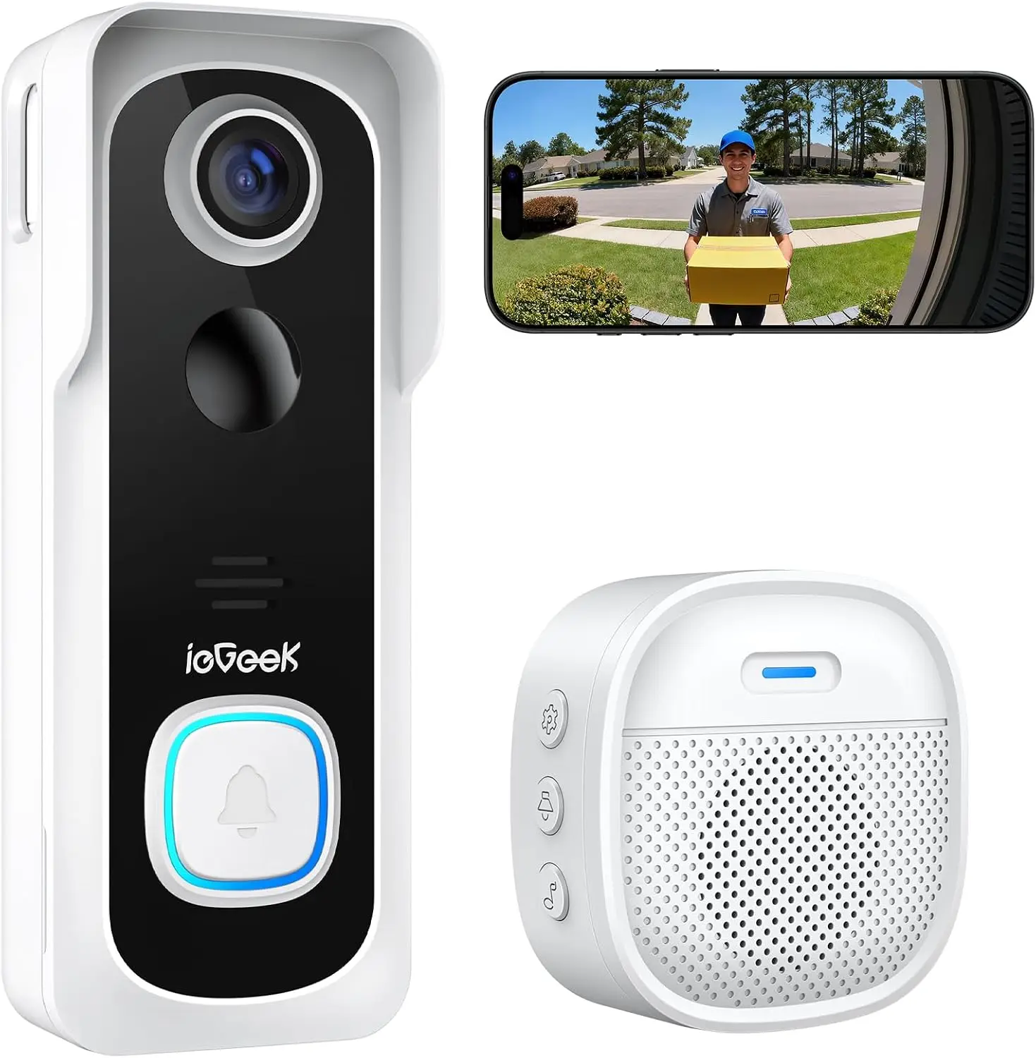ieGeek 2K HD Doorbell Camera Wireless Video Doorbell with Indoor Chime, Smart Human Detection Instant Alert,  Clear Night Vision, Only 2.4GHz WIFI, Works with Alexa