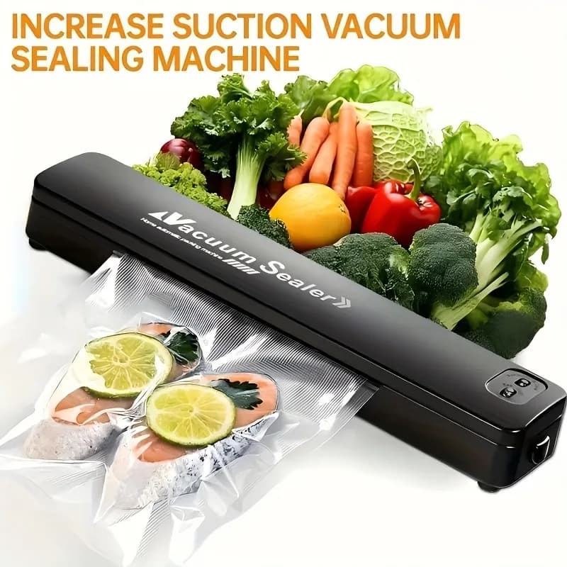Automatic Vacuum Sealing Machine for Dry and Wet Foods, with 60 vacuum bags and a British plug, ideal for food preservation.