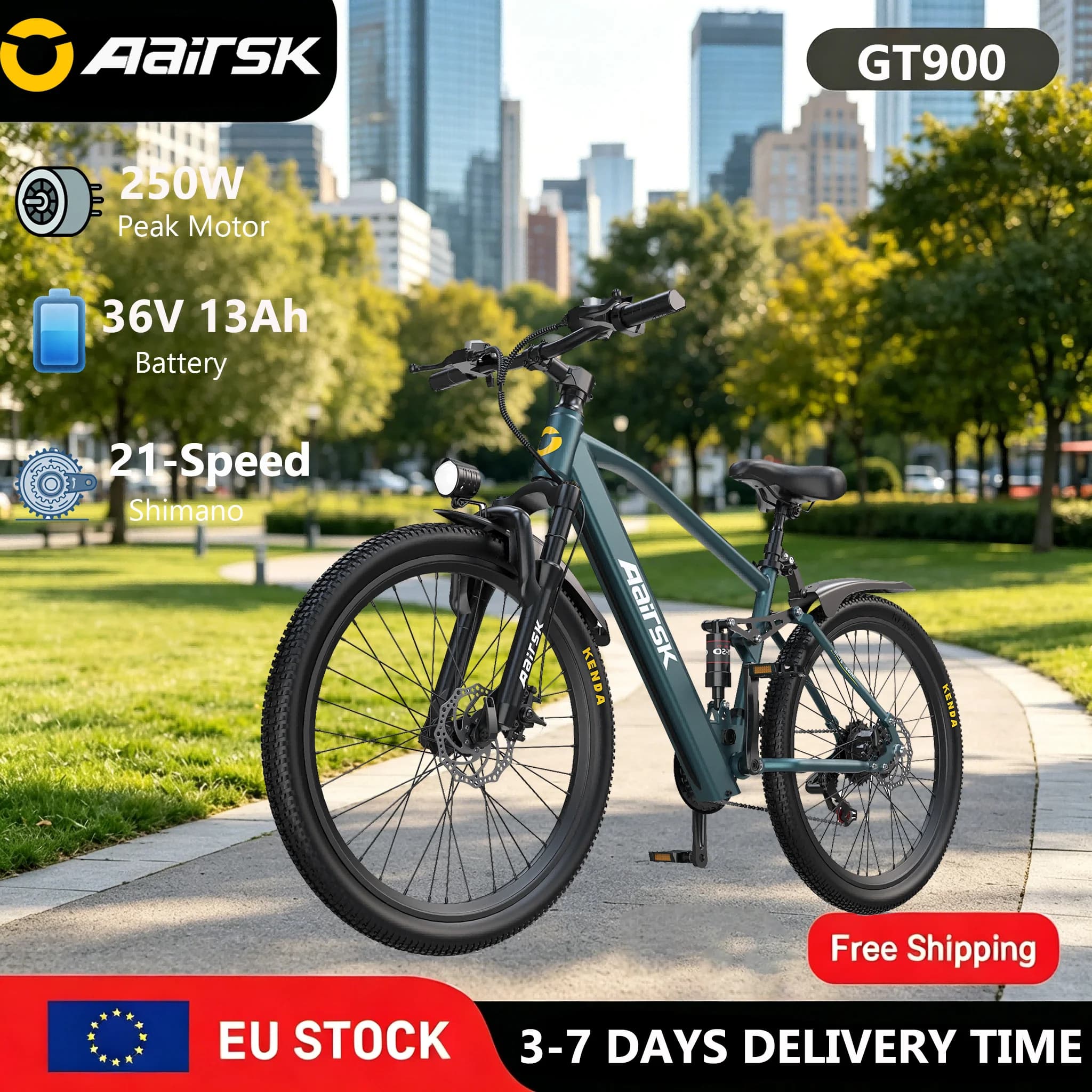 Electric bike Aairsk GT900 26 "E-boat motor 250W 45Nm battery 36V 13Ah Double suspension disc brakes 21 speed start NFC Electric bike adult