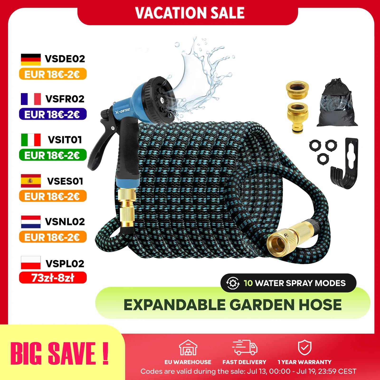 X-COTEC Expandable Garden Hose 15m/30m, Brass Fittings 1/2" 3/4", 10-Function Gun, Flexible Hose for Garden and Car