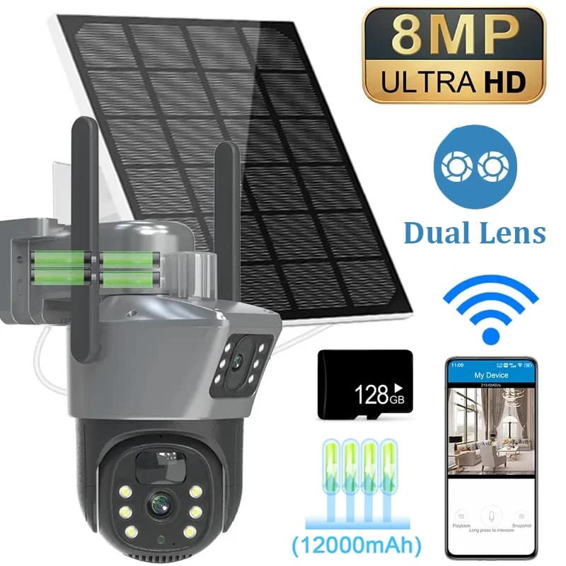 4K 8MP WiFi Solar Camera Dual Lens Dual Screen Outdoor Wireless PTZ Cam Security Protection Auto Tracking Surveillance IP Camera