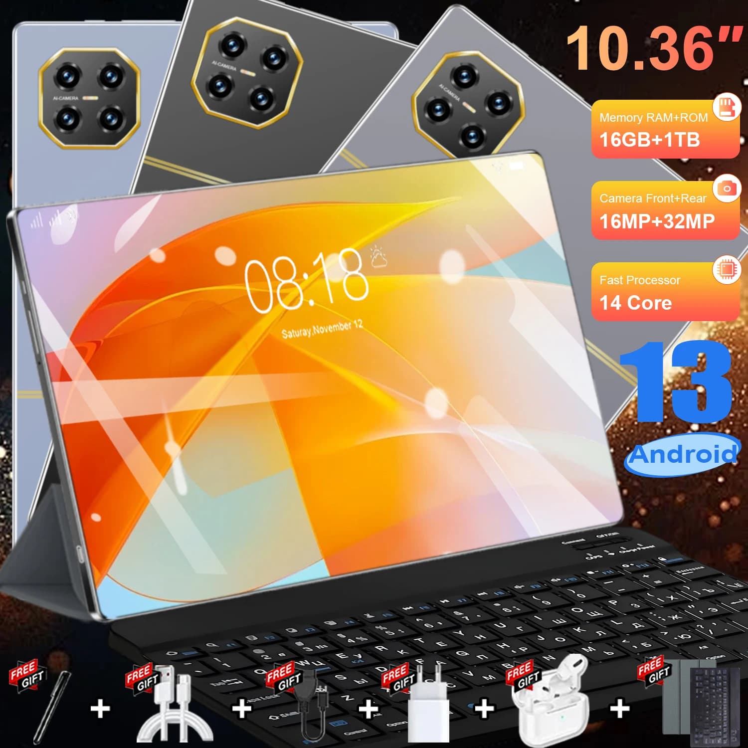 Android 13 20000mAh 16MP+32MP  5G Global Version Pad 10.36 Inch  16GB+1TB  WPS+5G WiFi Bluetooth Dual SIM Phone Call Tablet
