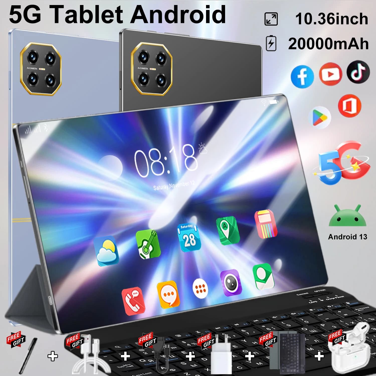 2026 5G Tablet Android 13.0 Brand New 10.36 inch 16GB RAM 1TB ROM Tablet 16MP 32MP 20000mAh 14Core WIFI Bluetooth Network Tablet Android