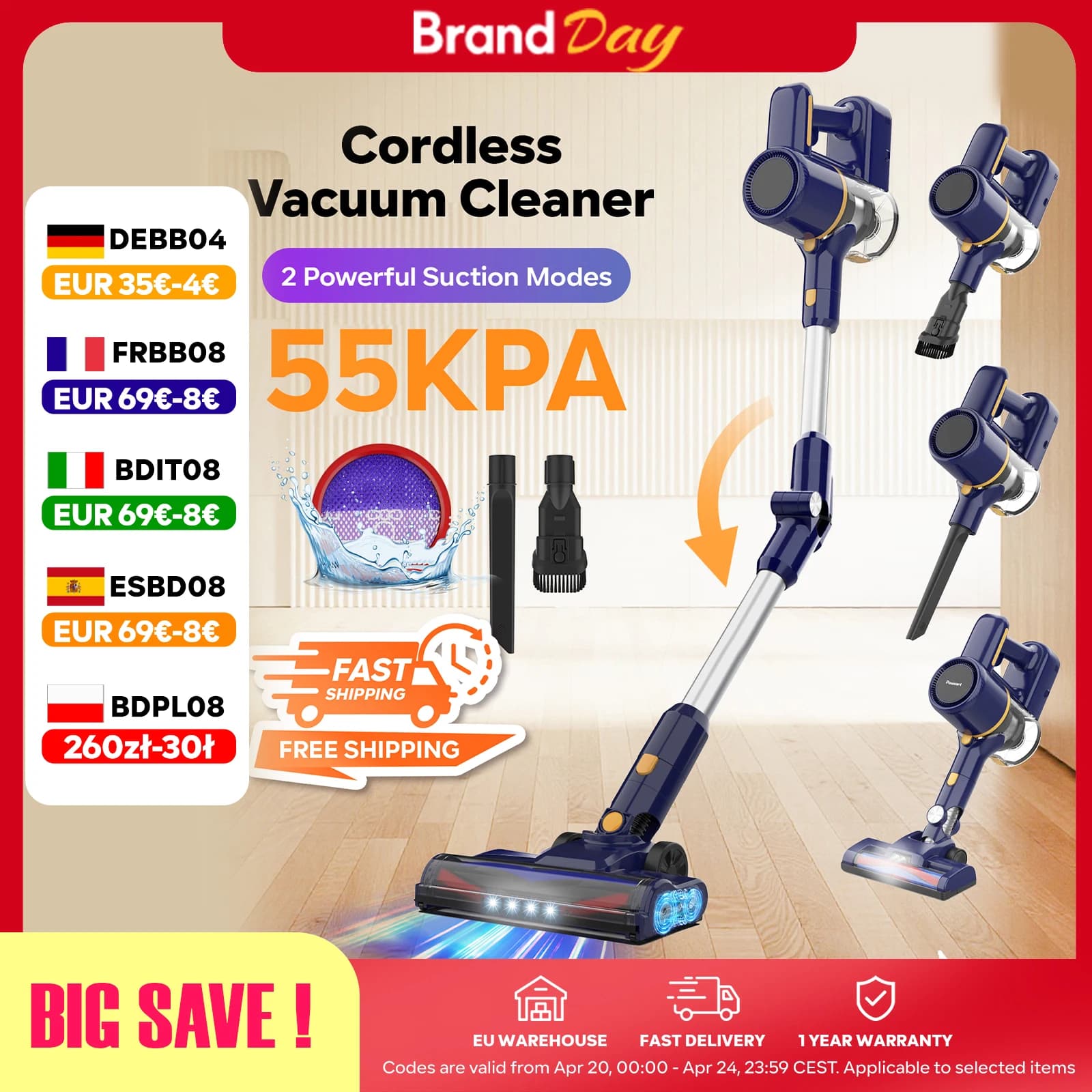 55KPa powerful cordless vacuum cleaner broom 40min autonomy foldable Tube 8*2200mAh LED Brush V cleaning Carpet Car floor
