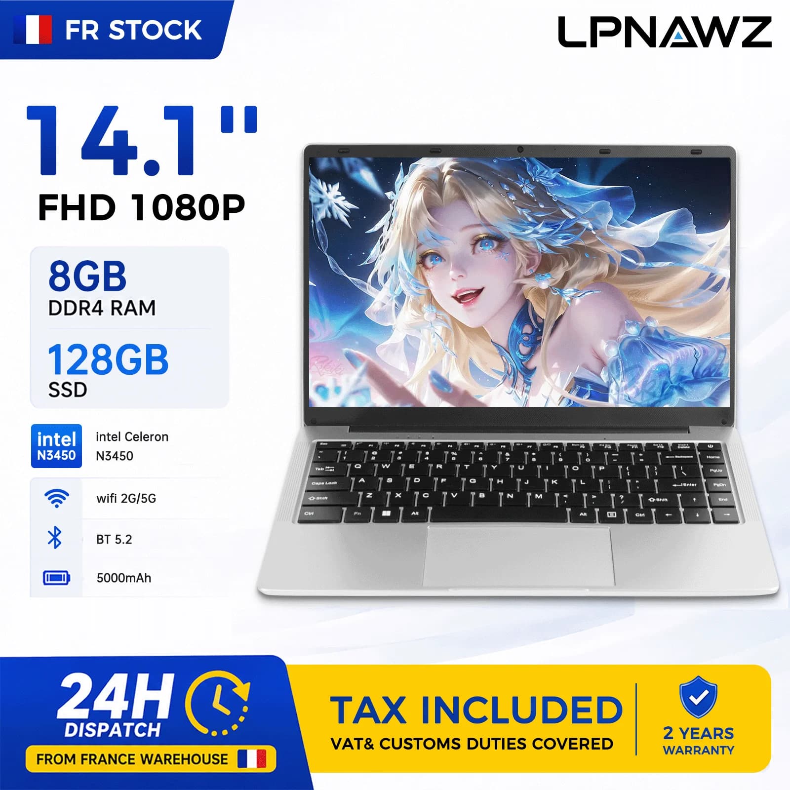 LPNAWZ 14.1" FHD Laptop Intel Celeron N3450 - 8GB RAM, 128GB SSD, Genuine Windows 10 (Free Win11 Upgrade), WiFi/BT 5.2, 5000mAh Battery, FR Stock Fast Dispatch + Free Keyboard Protector (DE/FR/IT/ES)