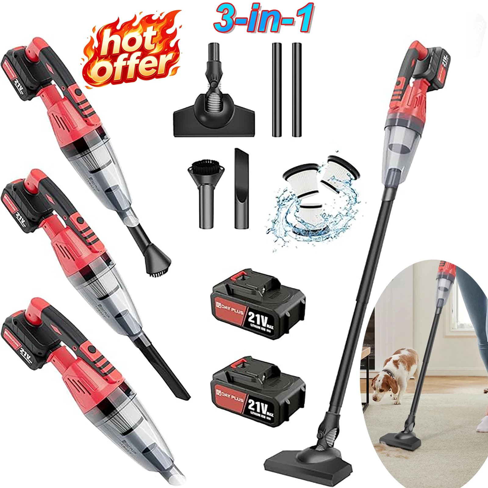 Cordless 2-in-1 Stick Vacuum Cleaner with 2 Batteries, LED Light, Lightweight Car & Home Use, for Hardwood Floors and Pet Hair, Powerful Suction Handheld Vacuum