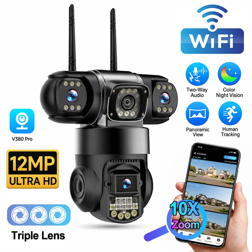 12MP Triple Lens WiFi Security Camera Outdoor PTZ Camera Two Way Audio Voice Alarm Human Motion Detection Color Night Vision Surveillance Camera
